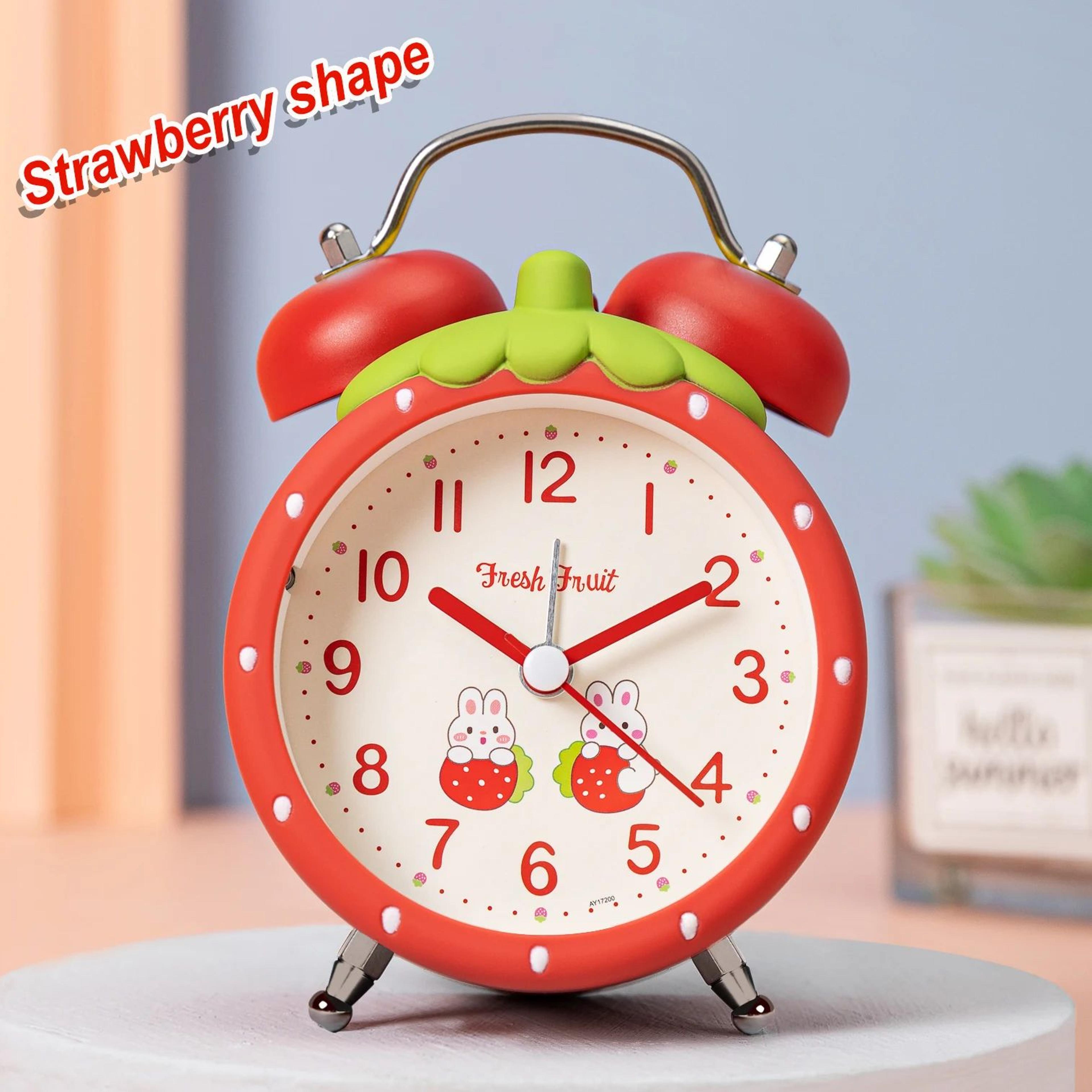 strawberry kids alarm clock – quiet quartz 5.12 in. desk clock with night light for children's bedroom & bedside