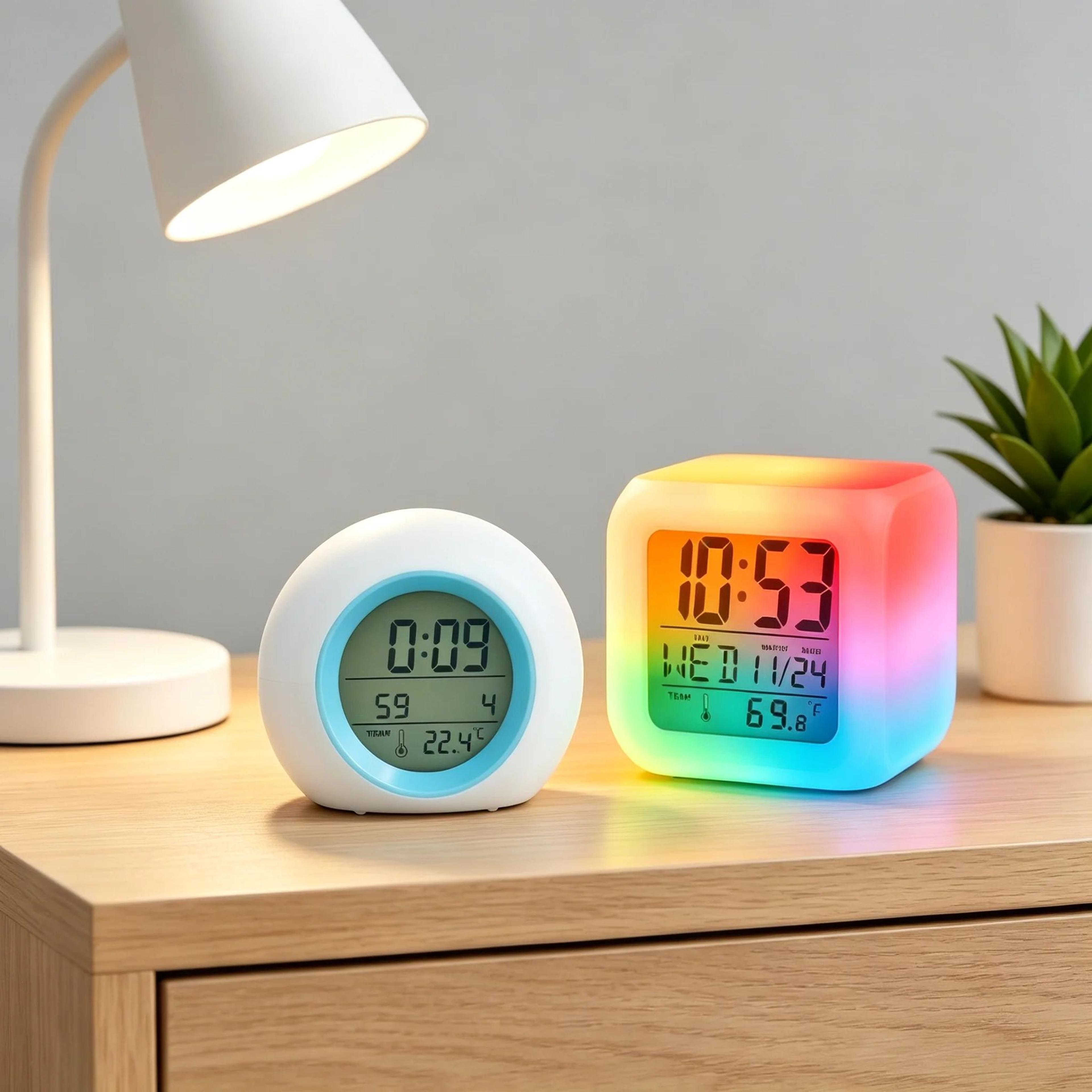 colorful led digital alarm clock – 12/24h bedside night light with time date temperature display for bedroom desk
