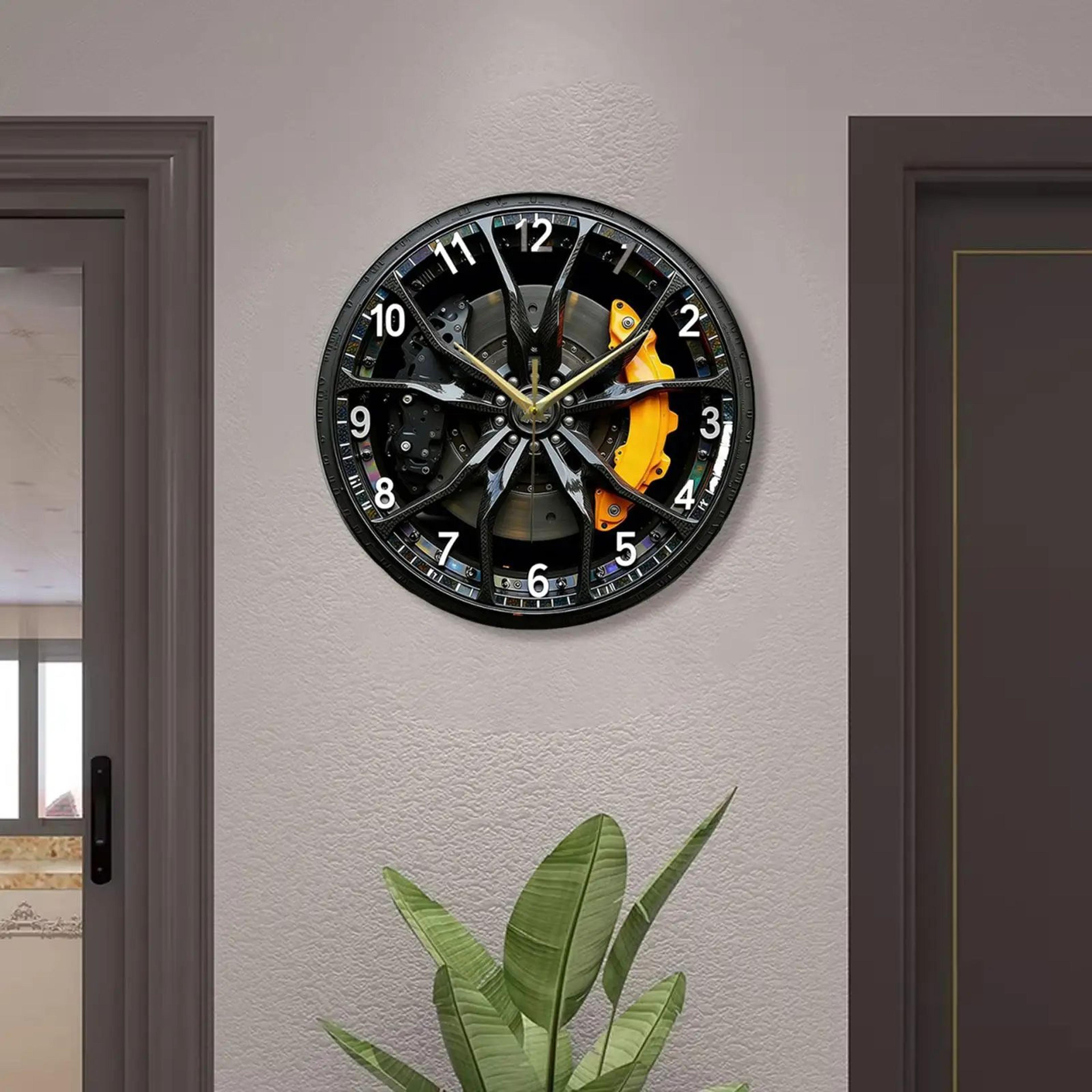 2d car wheel hub wall clock – 11.81 in silent lightweight acrylic automotive decor for garage farmhouse home classroom