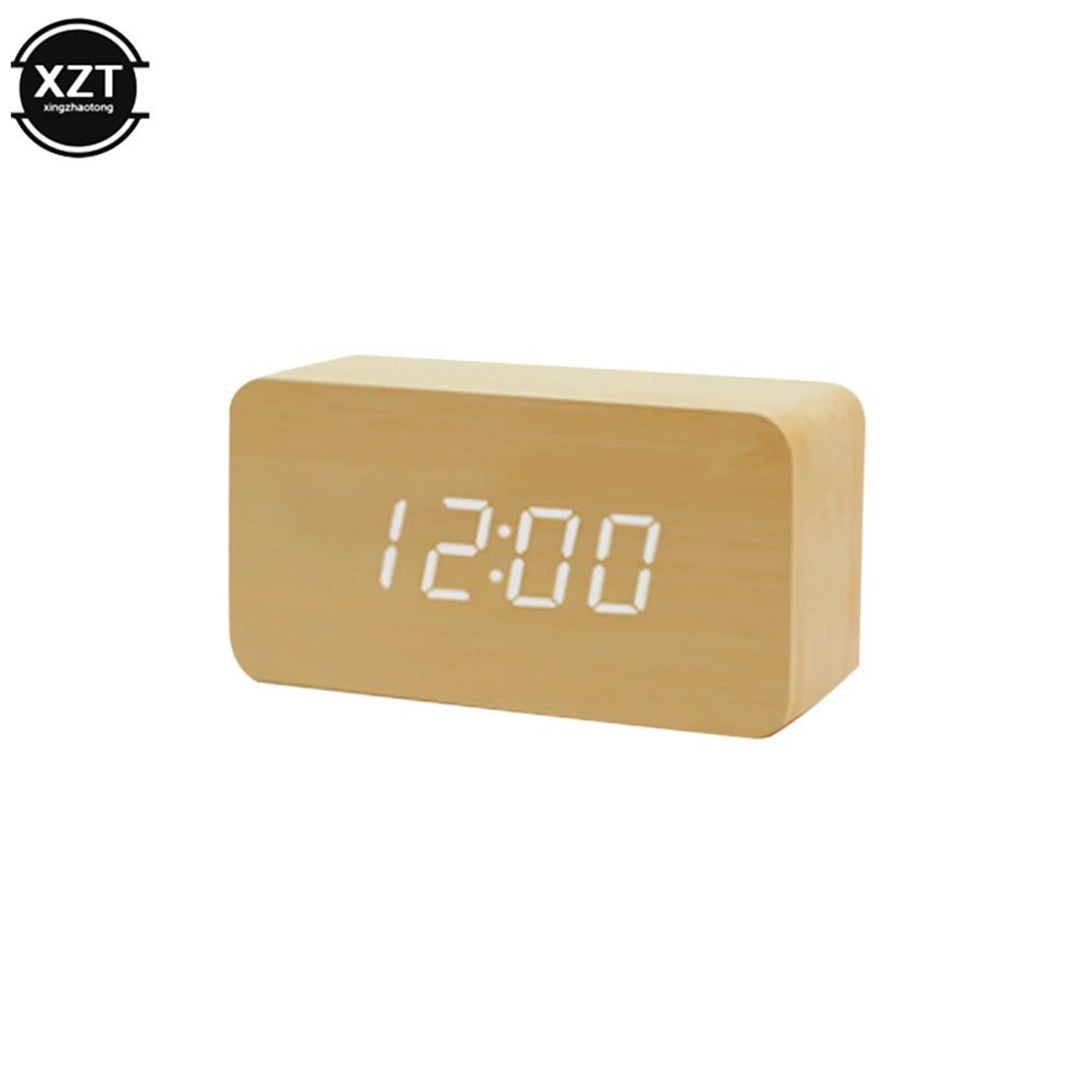 wooden digital alarm clock – led desk clock with temperature, date, voice control & adjustable brightness for office