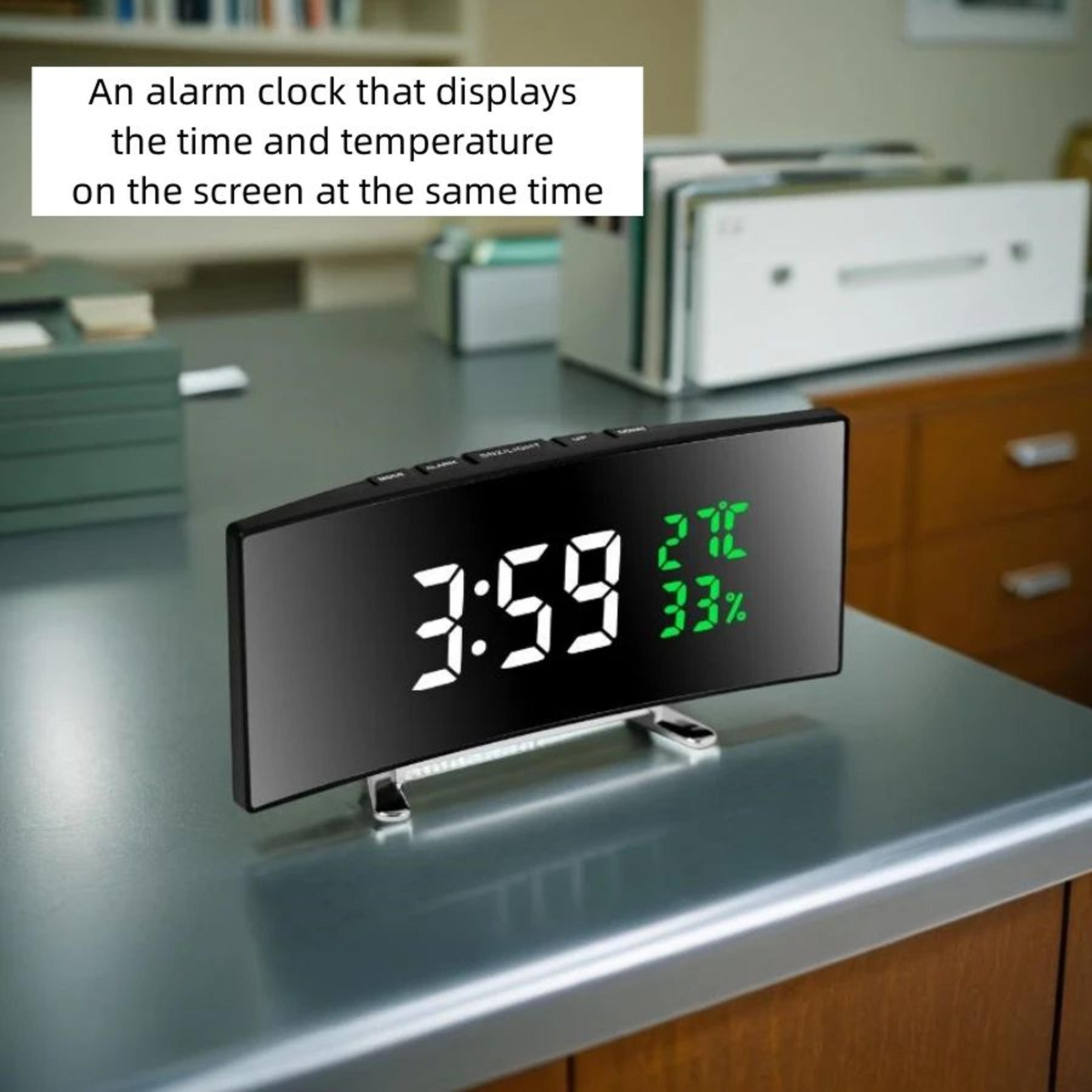 curved screen digital alarm clock – led table clock with temperature, date, snooze, night mode & 2-level brightness