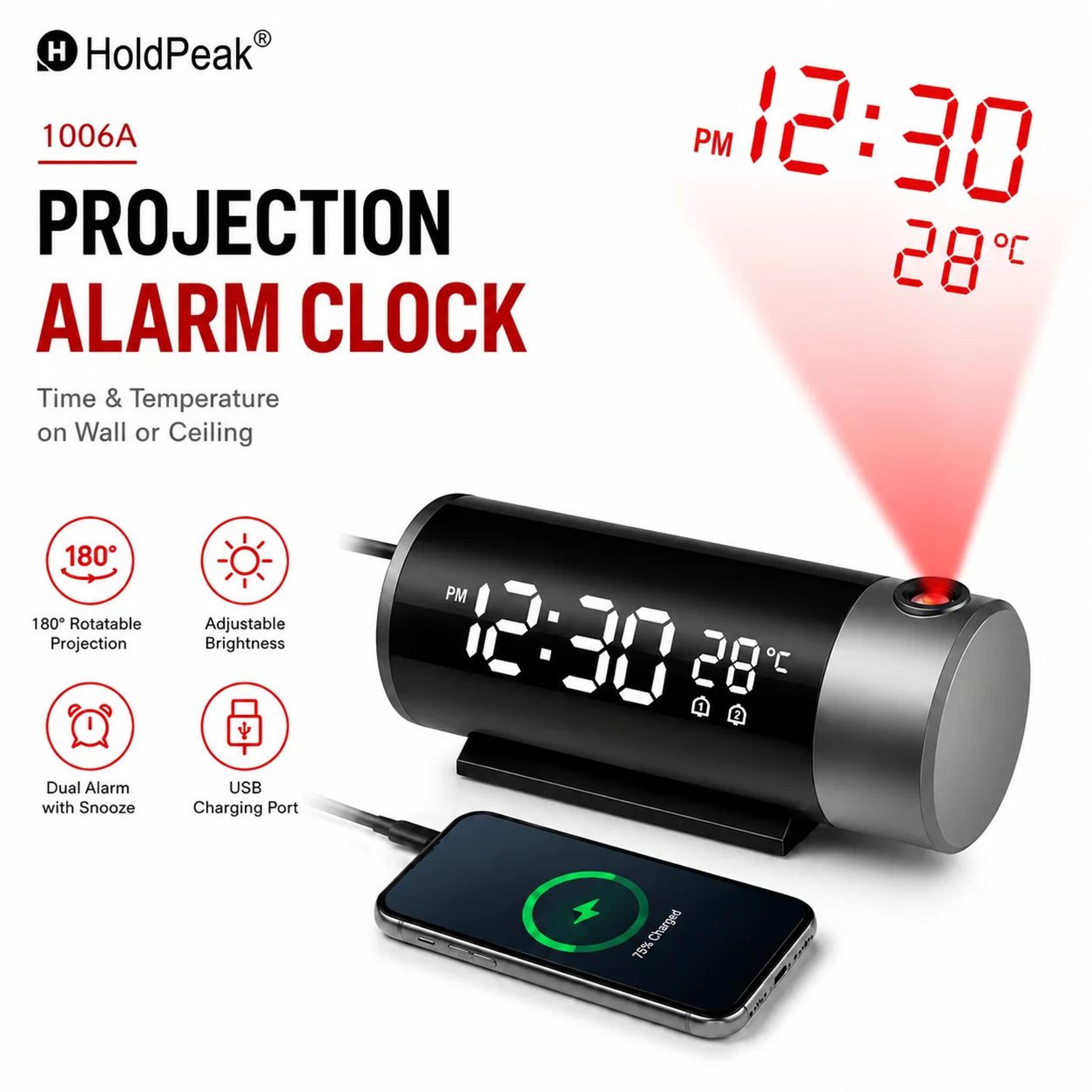 180° rotatable projection alarm clock – digital led ceiling clock with dual alarms, temperature sensor & usb port