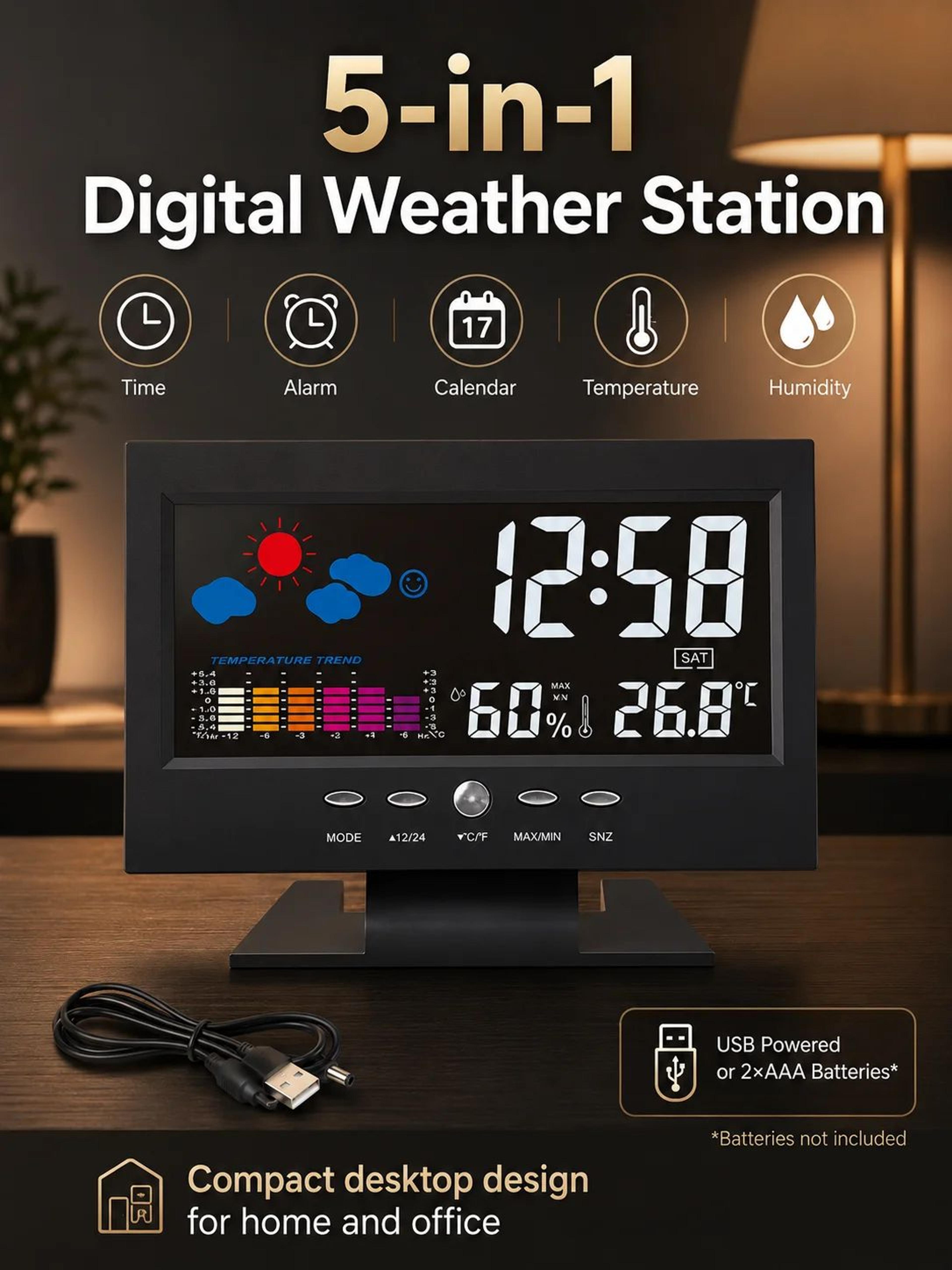 indoor digital weather station clock – temperature humidity monitor with alarm, snooze, calendar & large lcd display