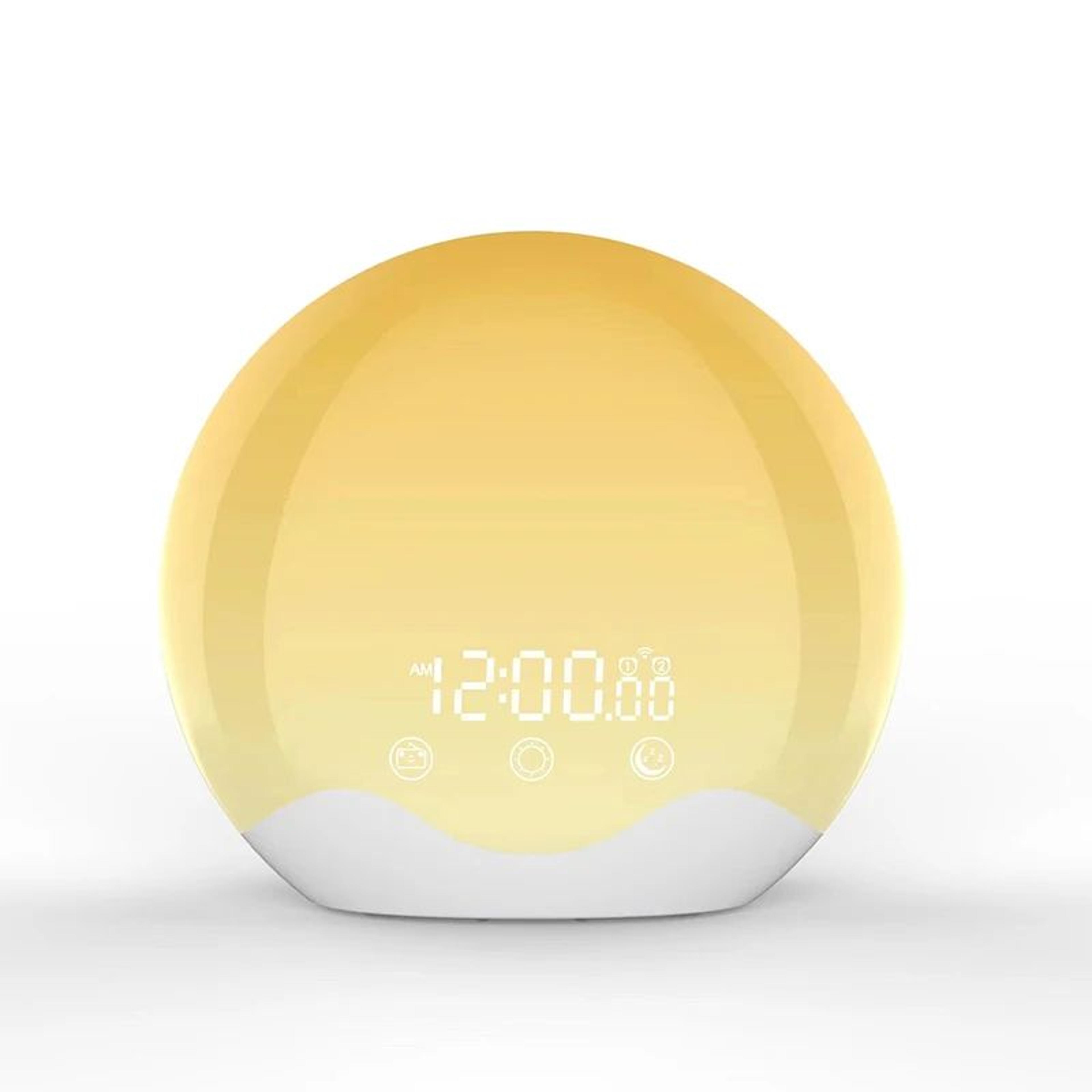 sunrise alarm clock – color changing wake up light with sleep sounds, night light, fm radio & digital desk clock