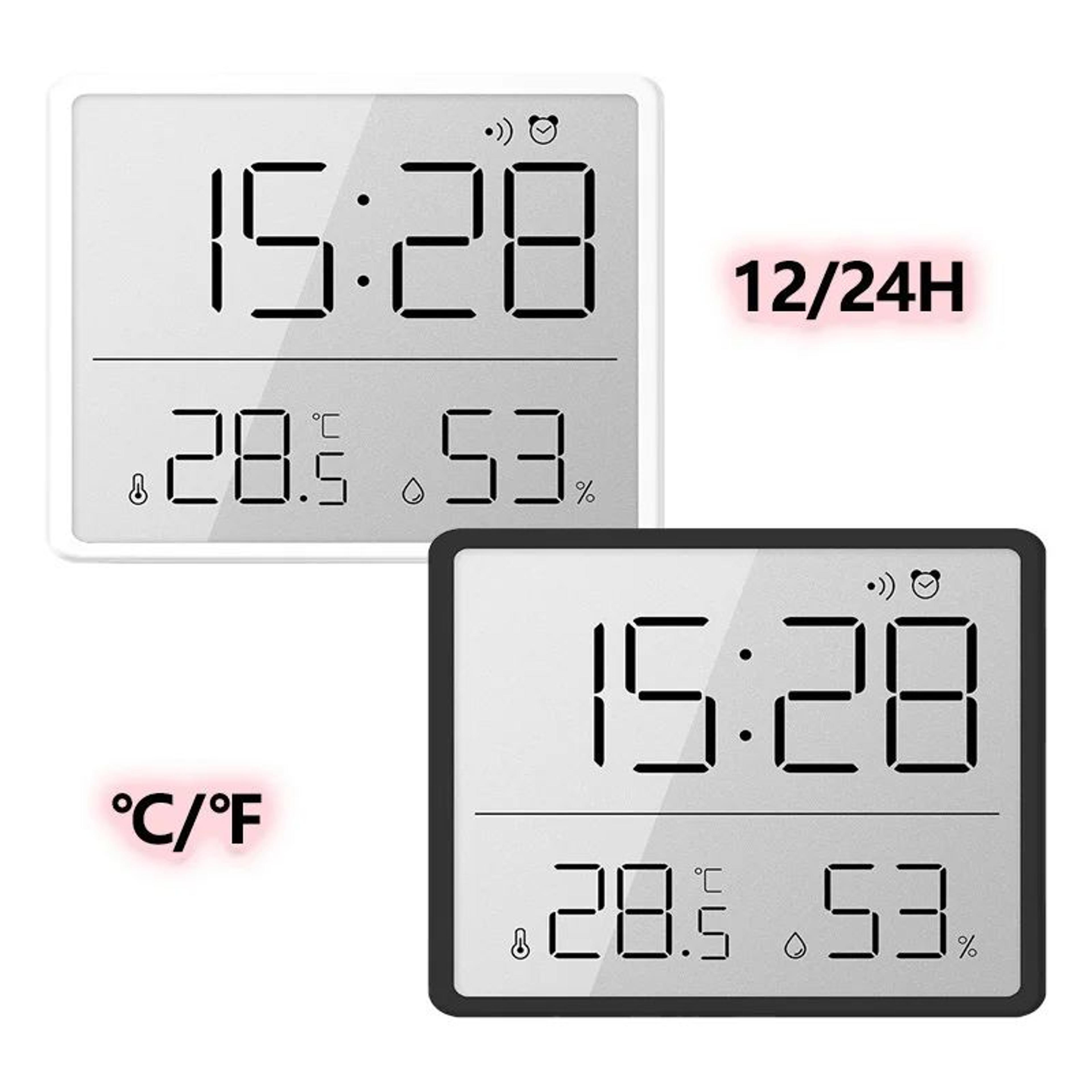 ultra thin digital alarm clock – large lcd temperature humidity monitor with magnetic desk display, date & snooze