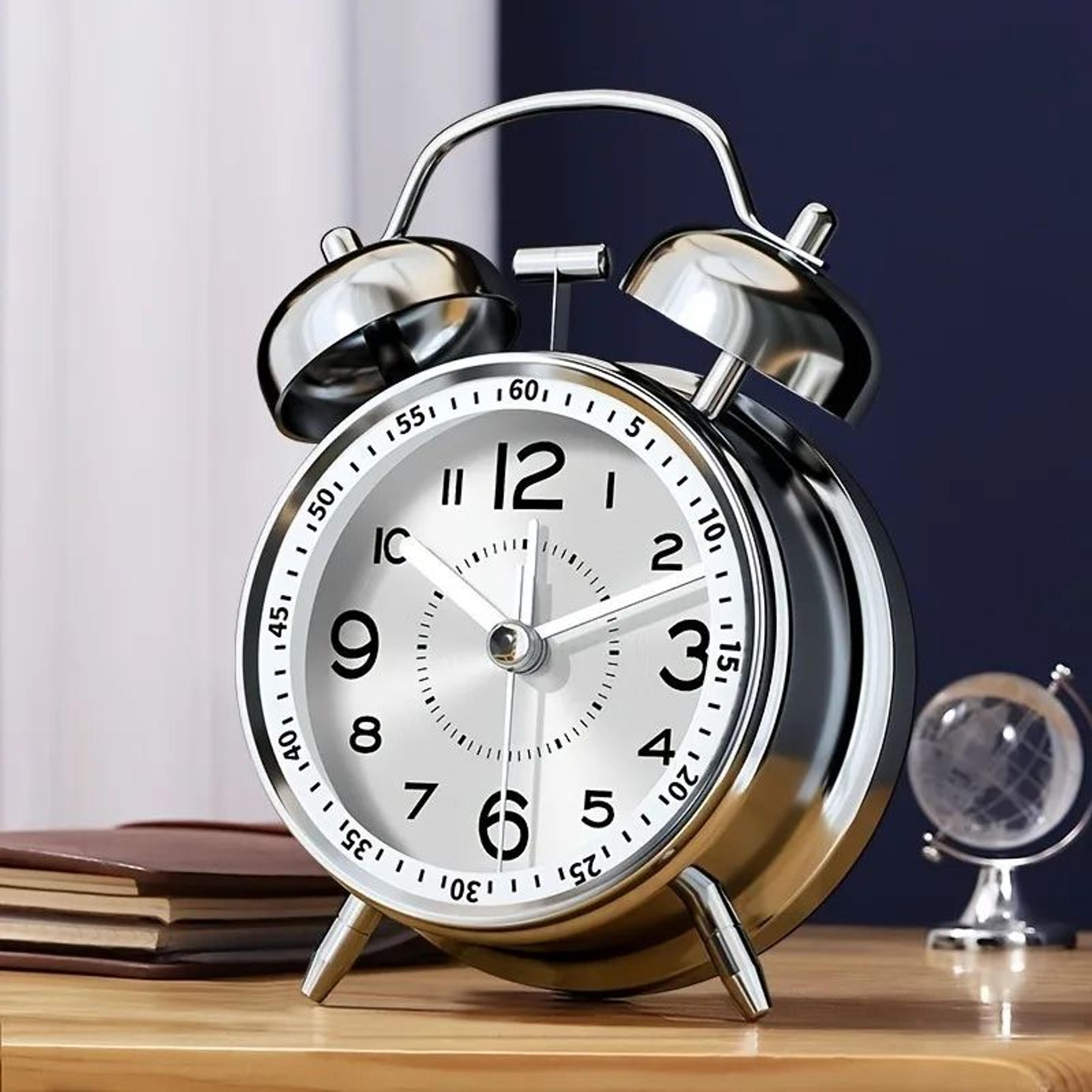 4 in twin bell loud alarm clock – metal analog desk clock with 3d dial, backlight & battery operation for home office