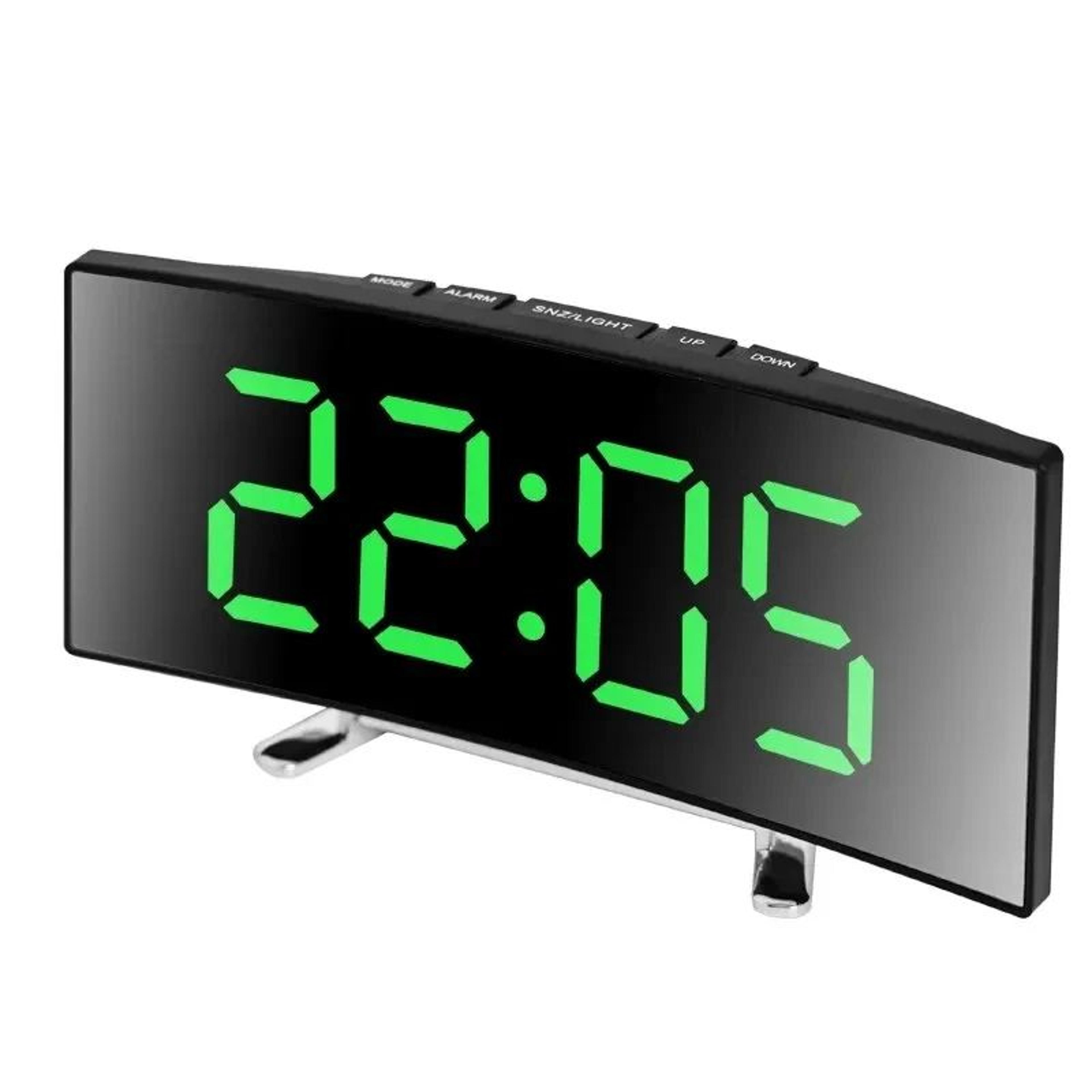 curved led mirror alarm clock – large digital display with time date temperature snooze night mode usb battery power
