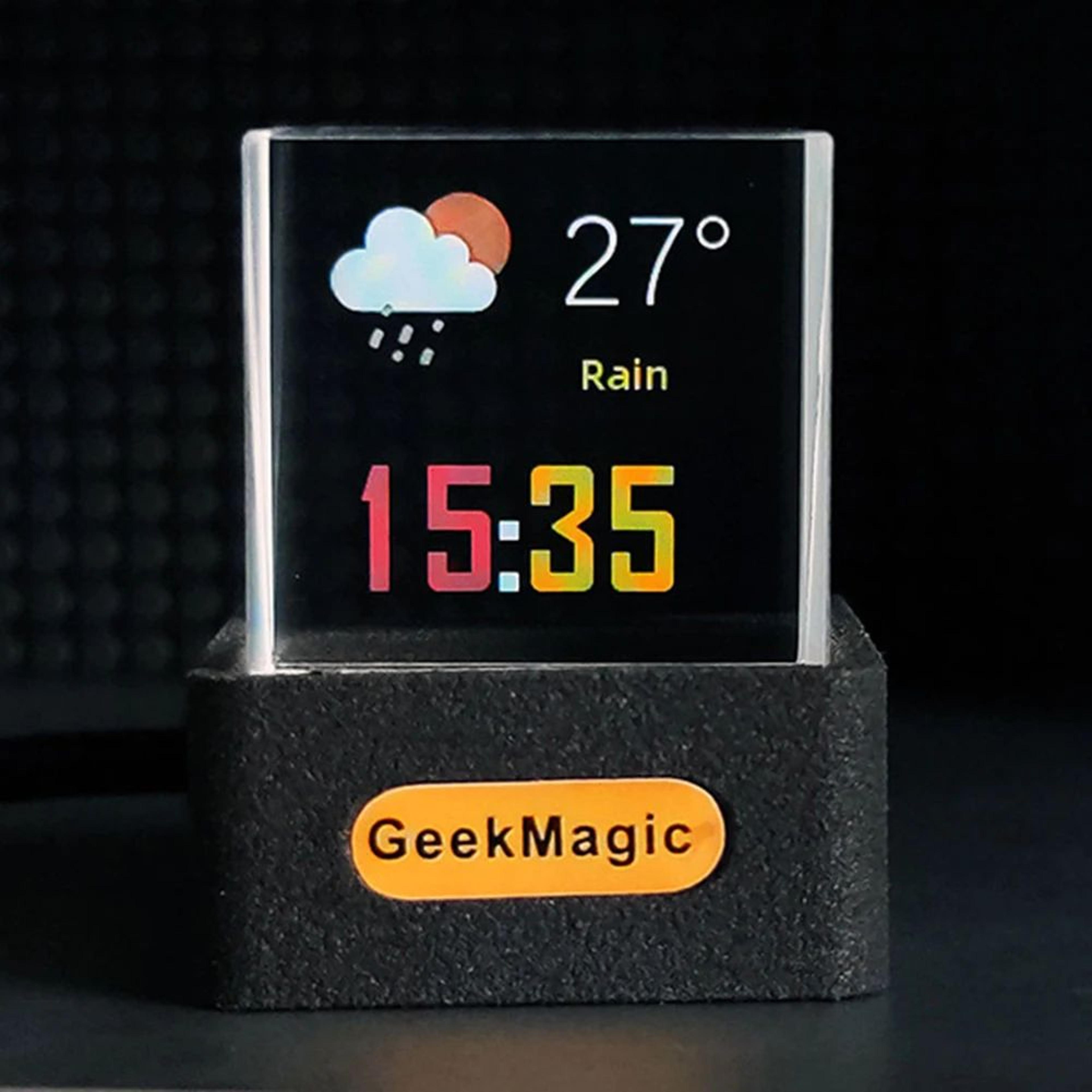 geekmagic giftv crystal cube smart display – mini digital clock with weather, holographic gif animations & photo display