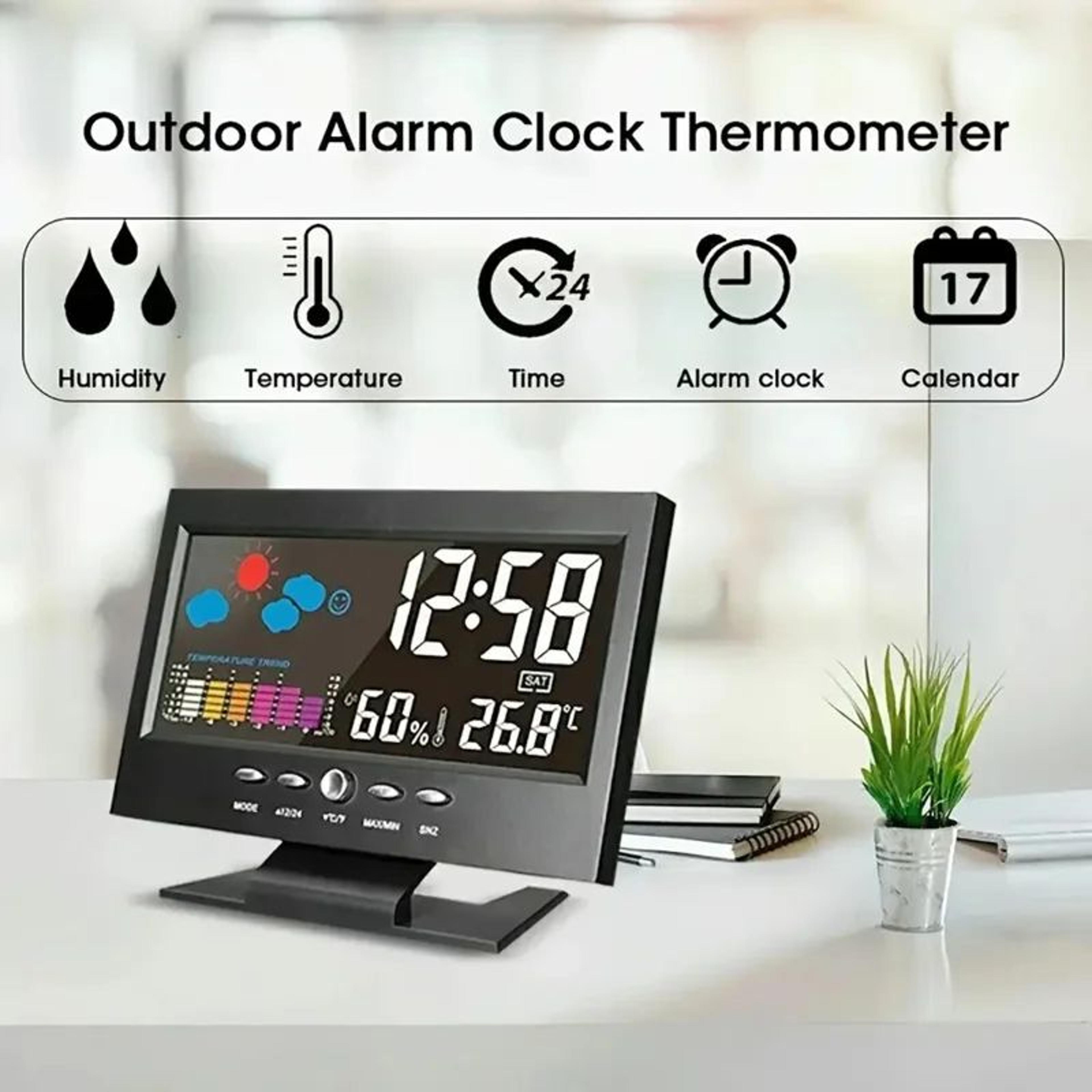 large backlit digital weather station clock – voice control alarm, forecast, temperature & humidity display for home off