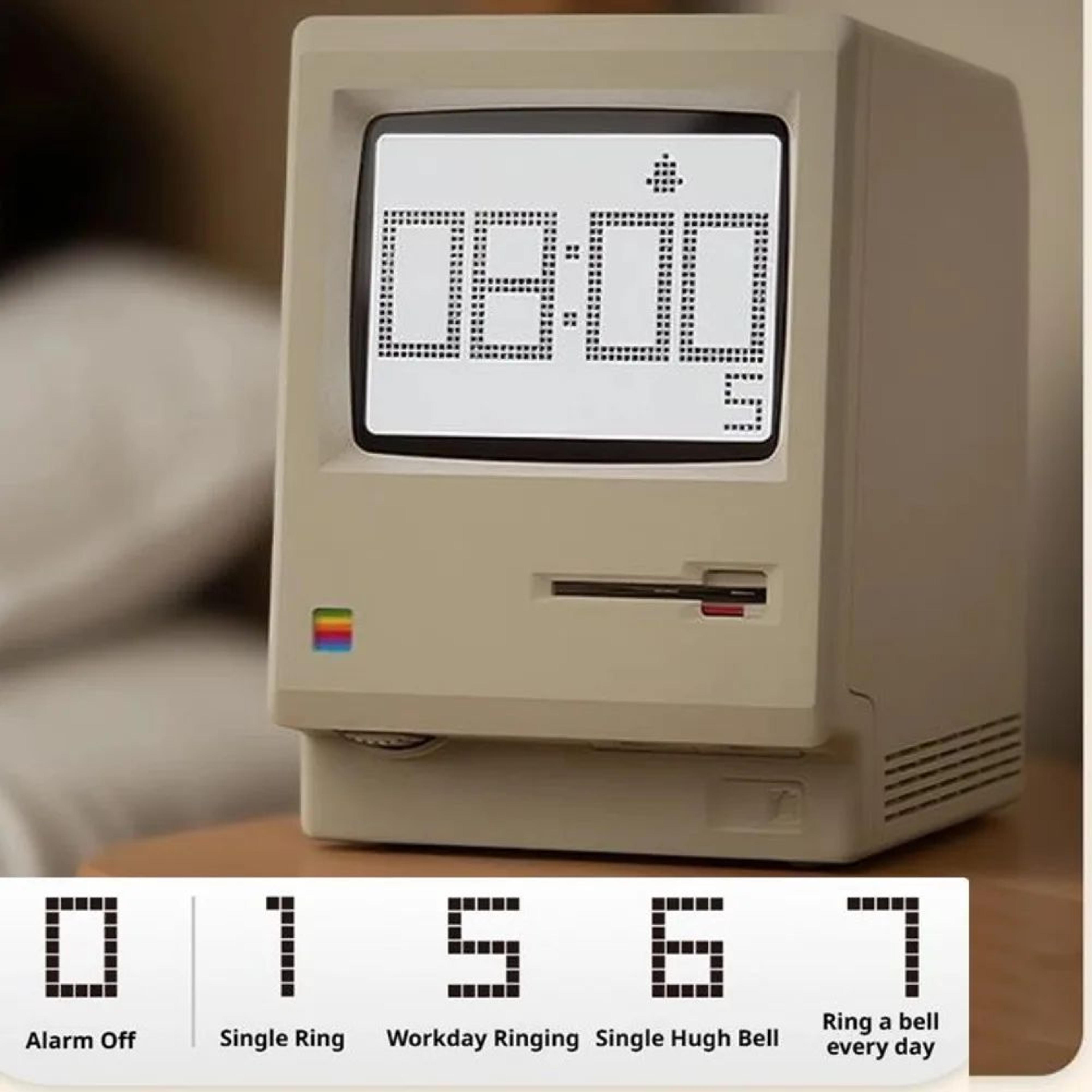 retro macintosh digital alarm clock – creative maclock desktop clock with calendar display & adjustable night light