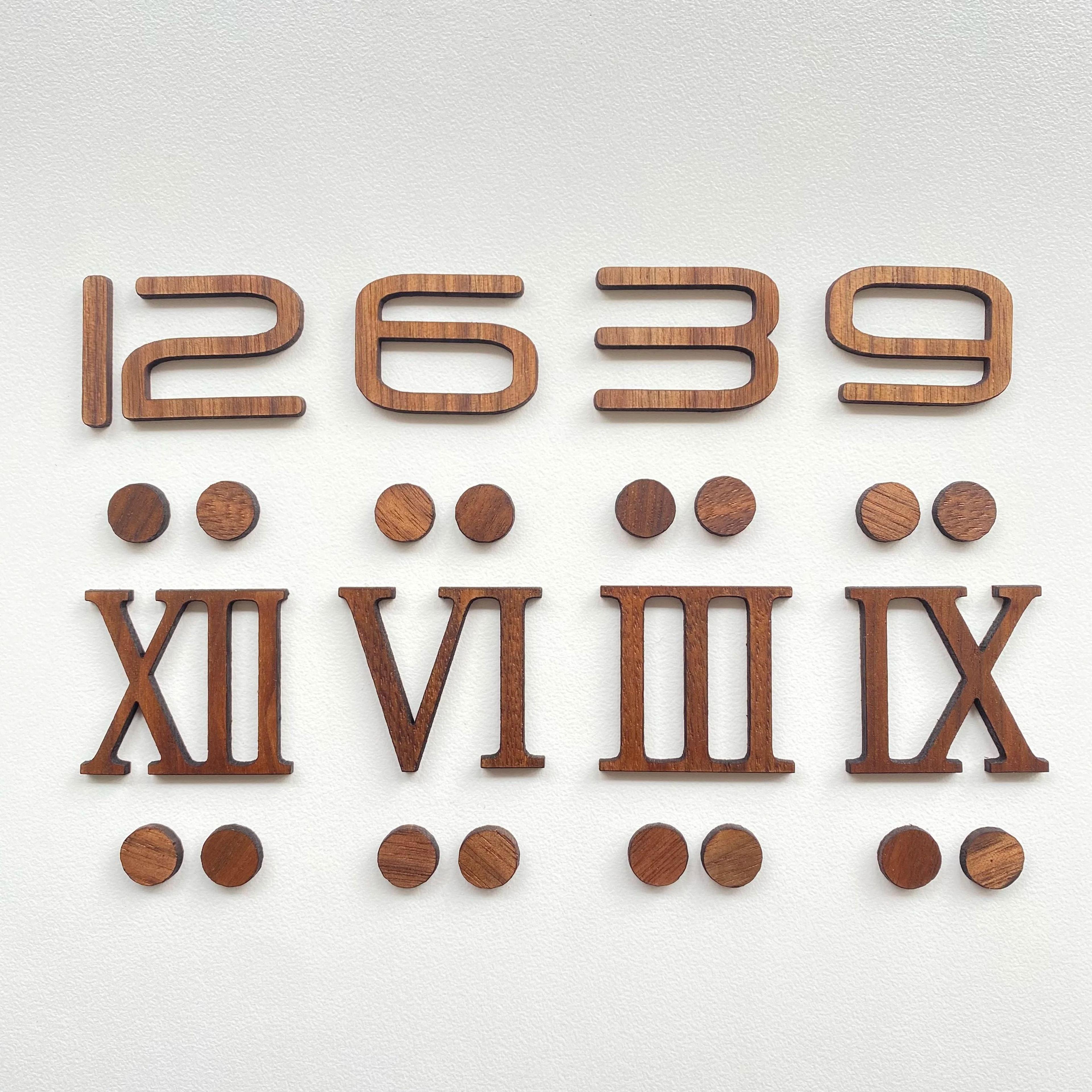wooden clock numbers – arabic & roman numeral hour markers with 3m adhesive for diy quartz clock movement replacement ki