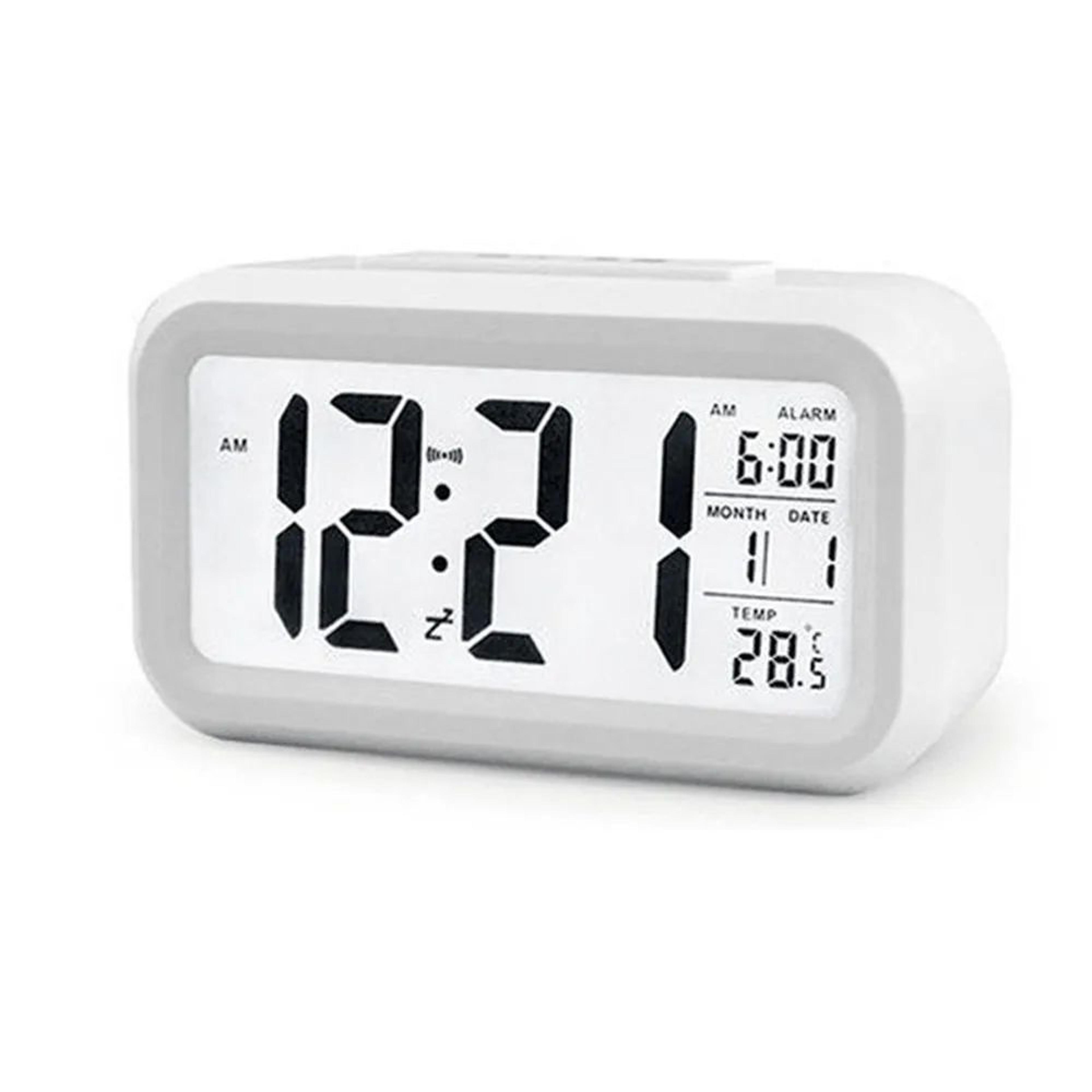 battery powered lcd alarm clock – digital desk clock with 3 alarms, temperature, date, week, snooze & backlight