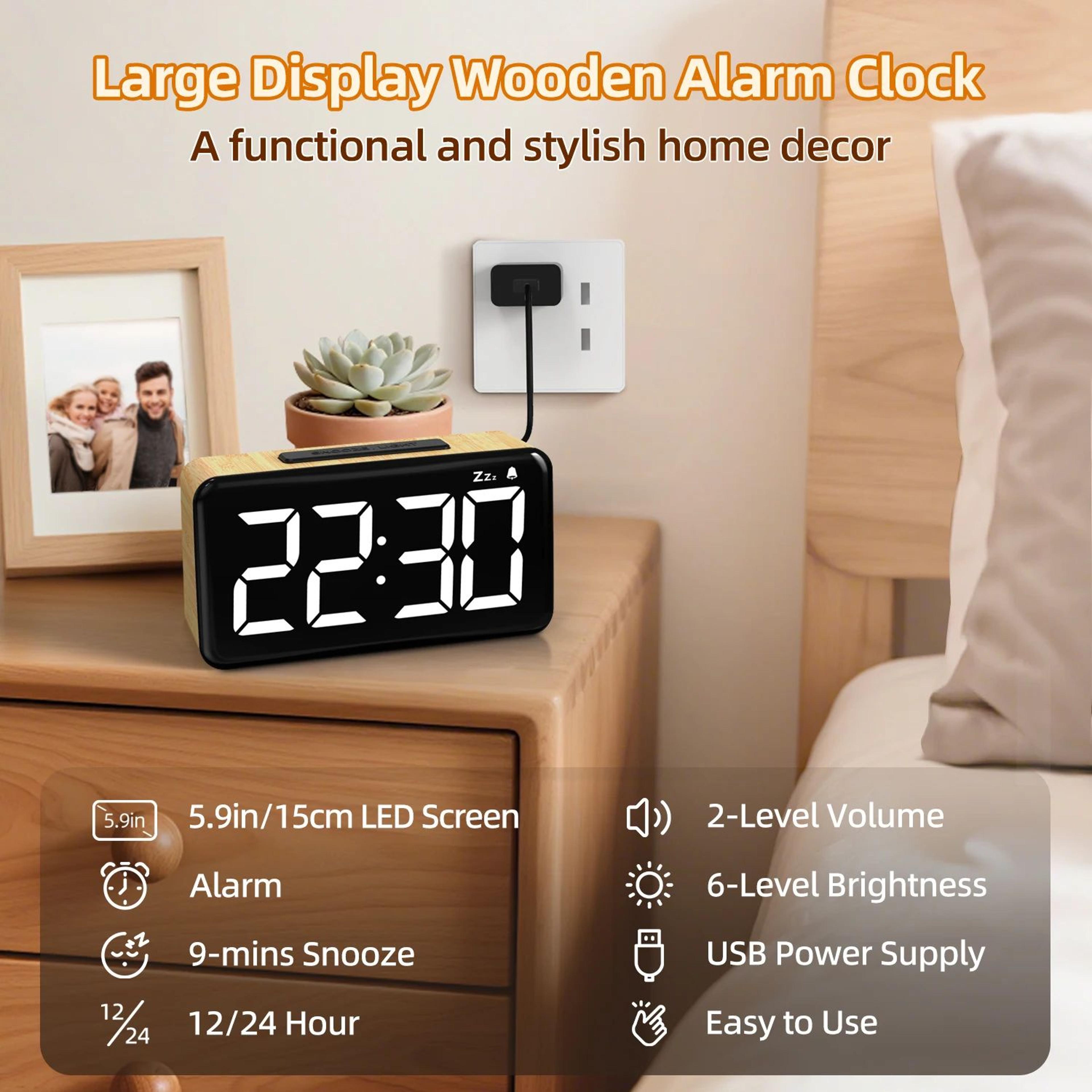 wood grain digital alarm clock – led desk clock with usb charging, 6-level brightness, snooze & 12/24h display
