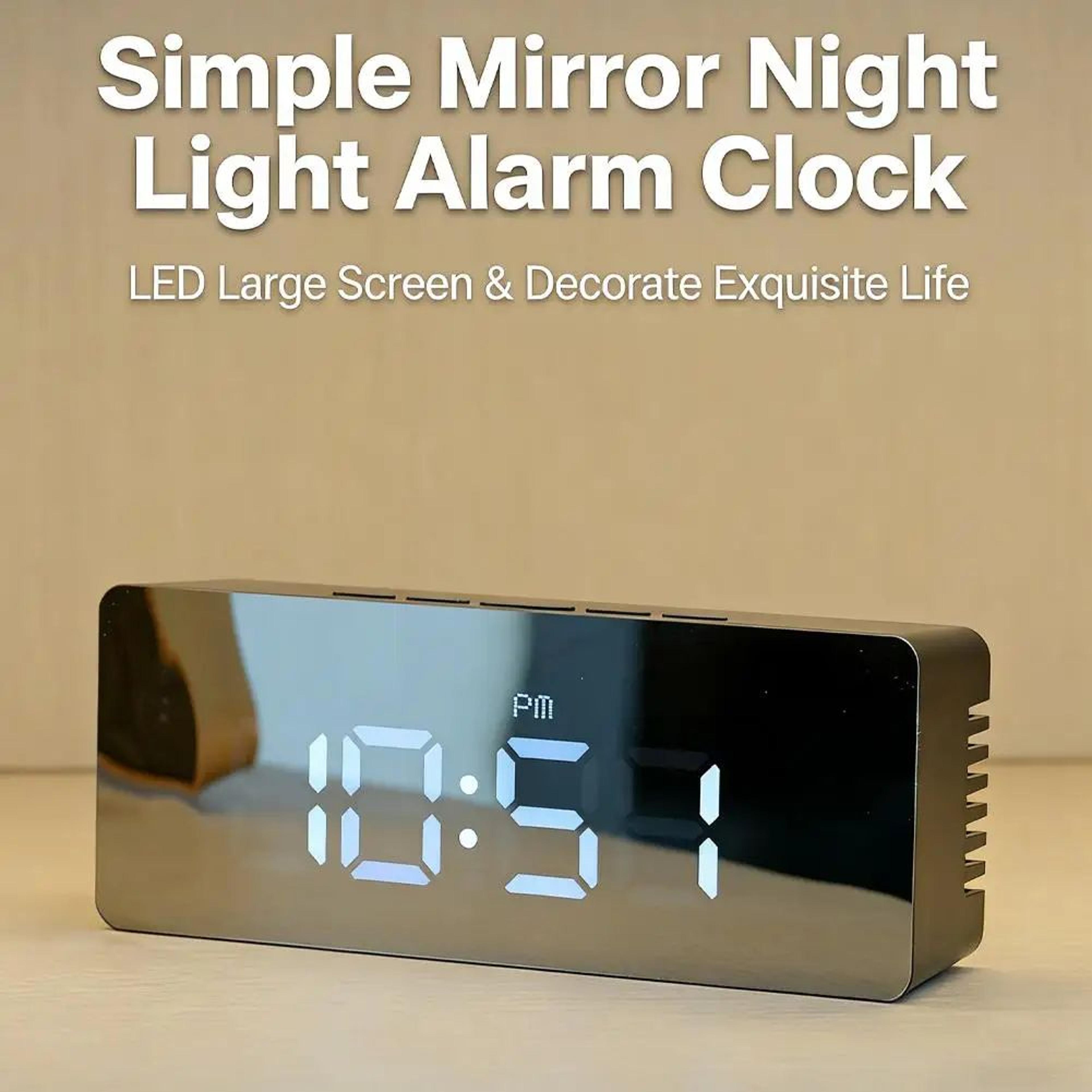 small digital alarm clock – mirror led large display with adjustable brightness, snooze, temperature & usb power