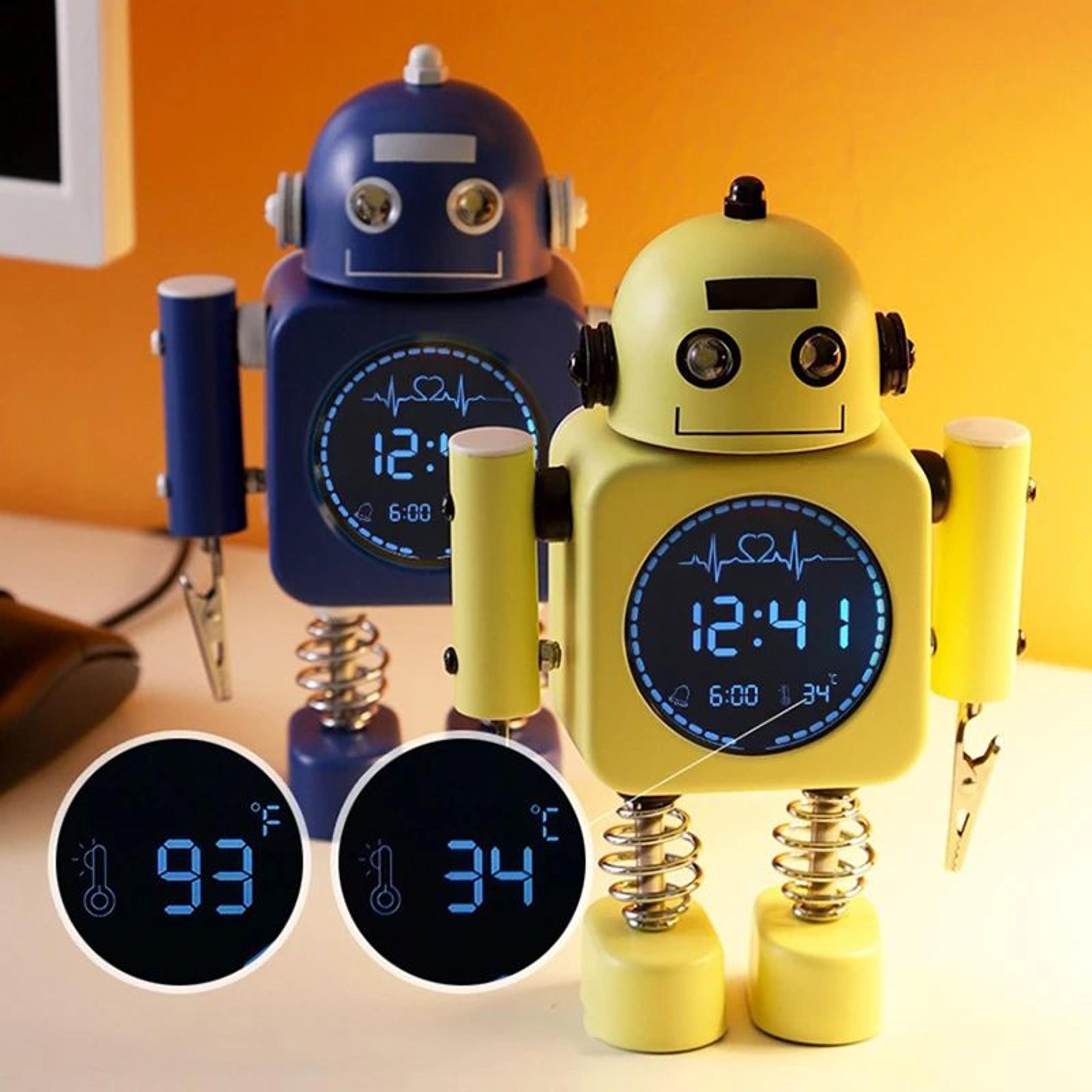silent robot alarm clock – non-ticking metal wake up clock with flashing eye lights & hand clip for desk or bedroom
