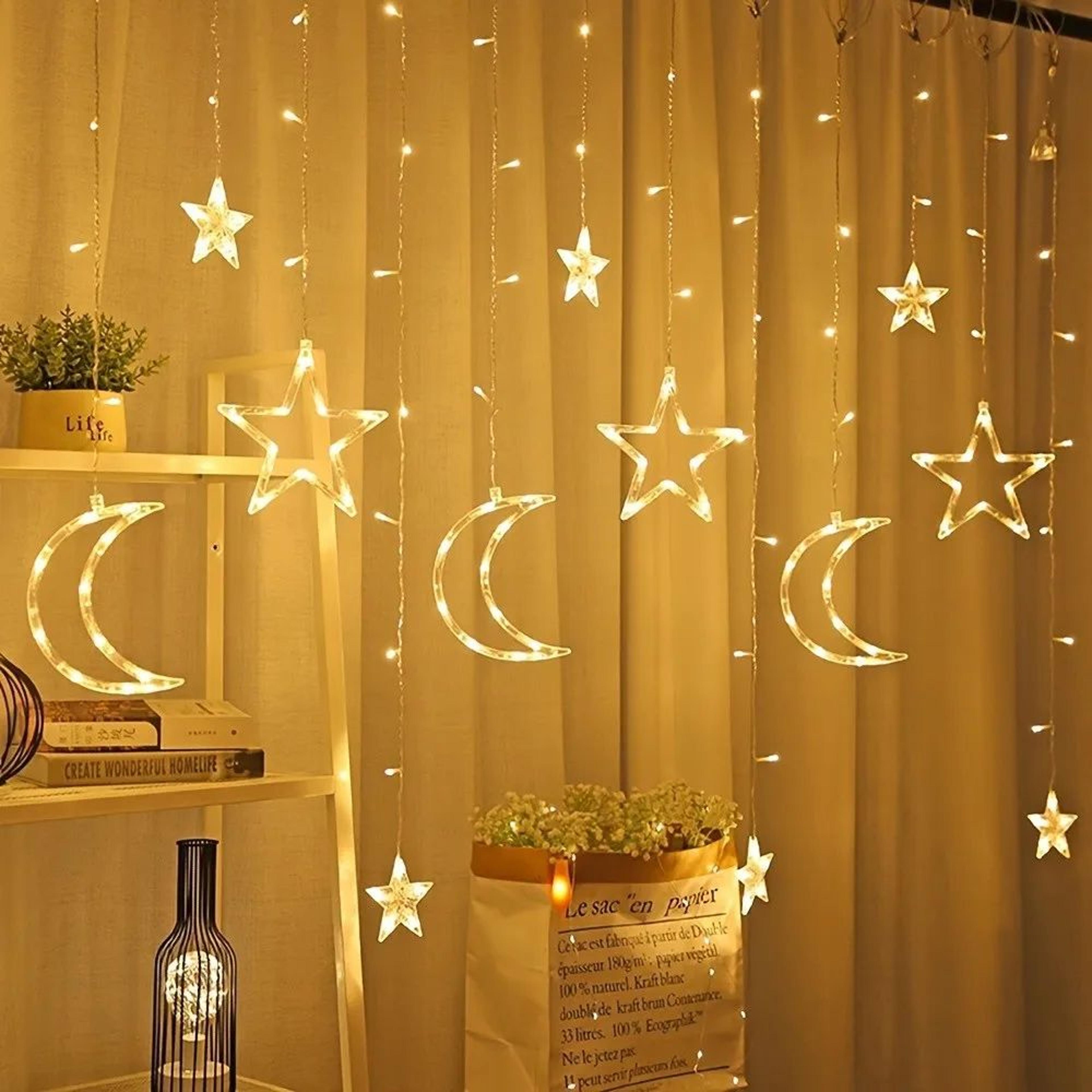 star & moon led curtain lights – 11.5 ft 120 led battery powered string lights for bedroom ramadan party decor
