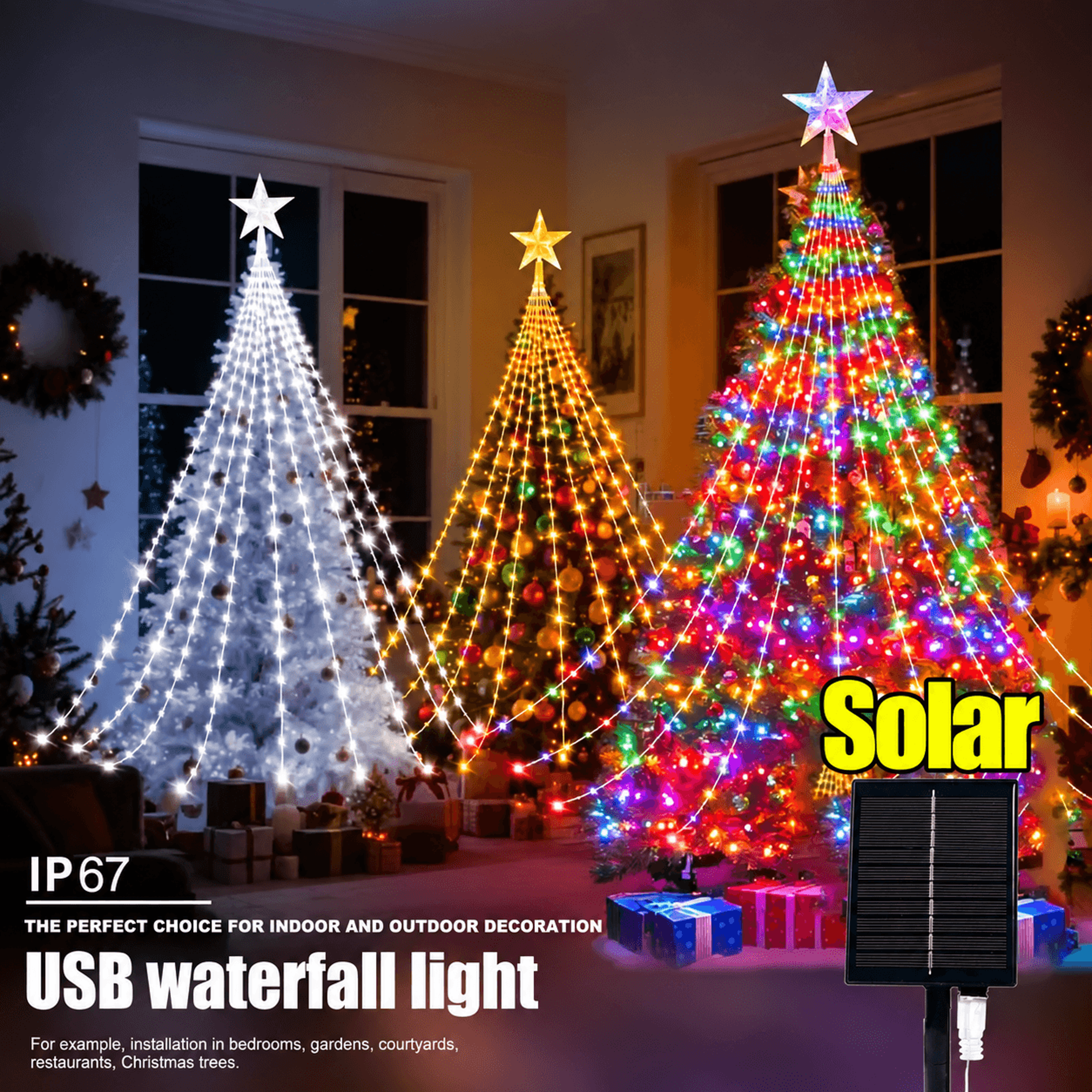 five-point star waterfall christmas lights – solar led string lights for trees, yard, party, wedding & holiday decor