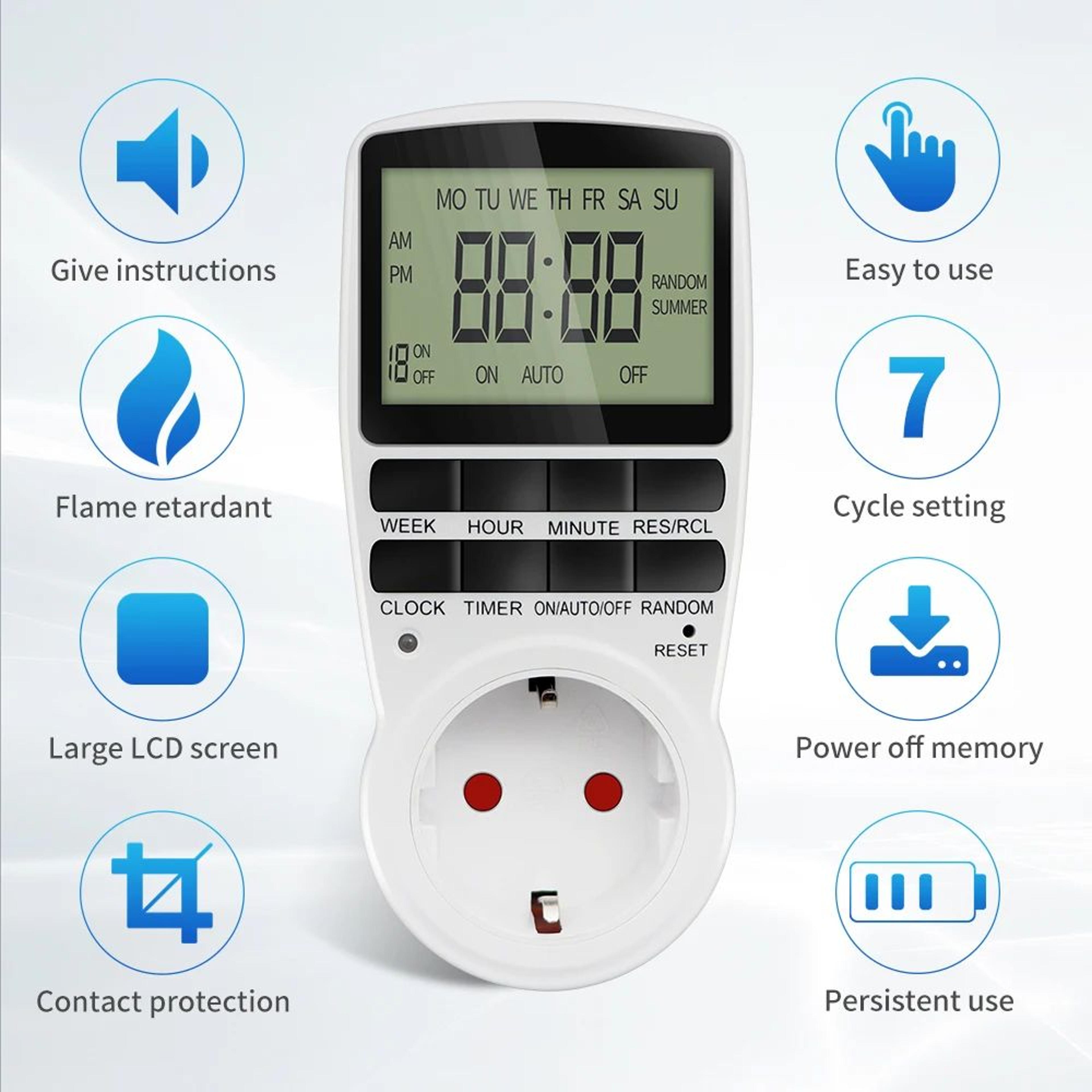 7 day programmable digital timer switch – 230v eu plug socket outlet with 10 programs for home appliances