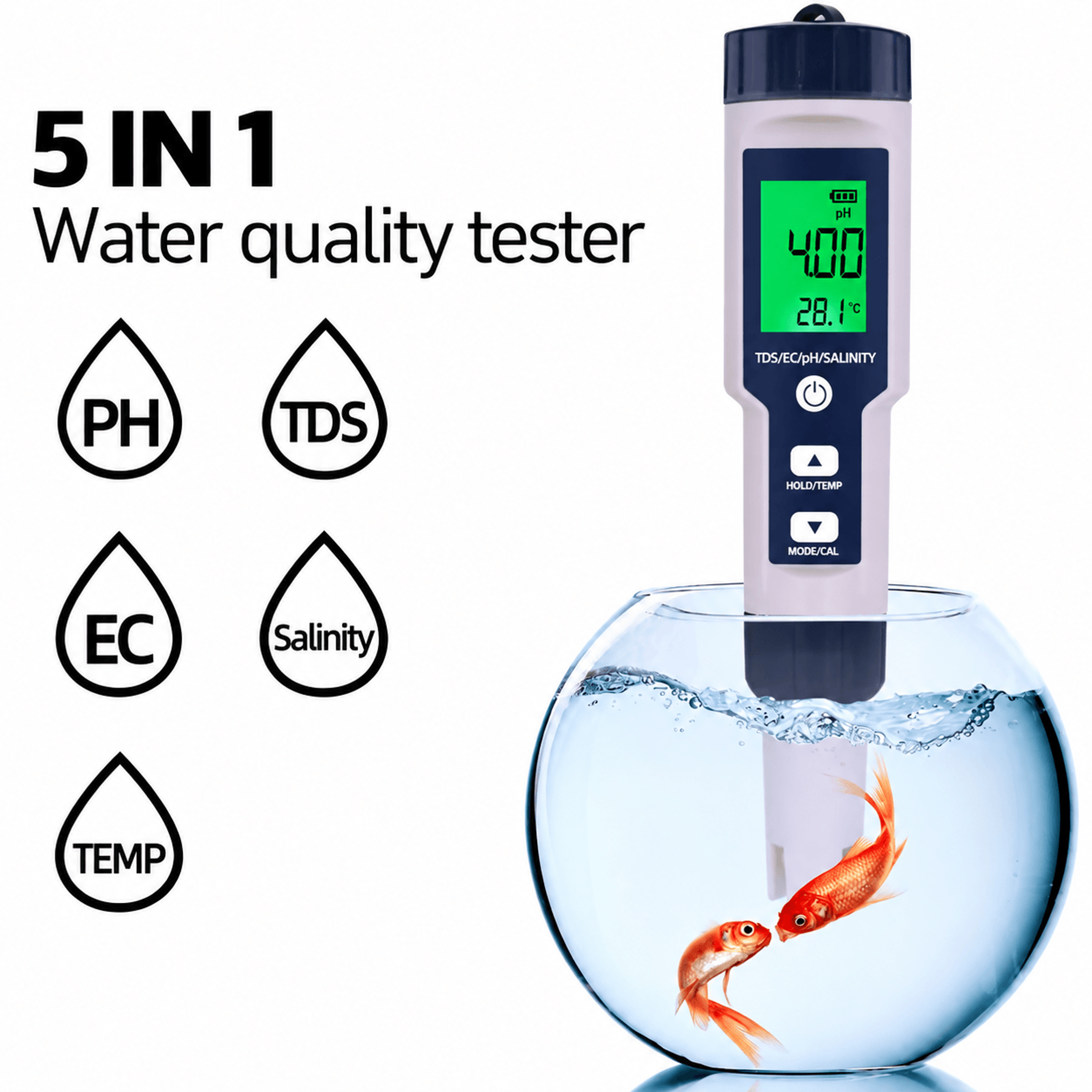5-in-1 digital water quality tester – portable ph tds ec salinity & temperature meter for pools aquariums hydroponics