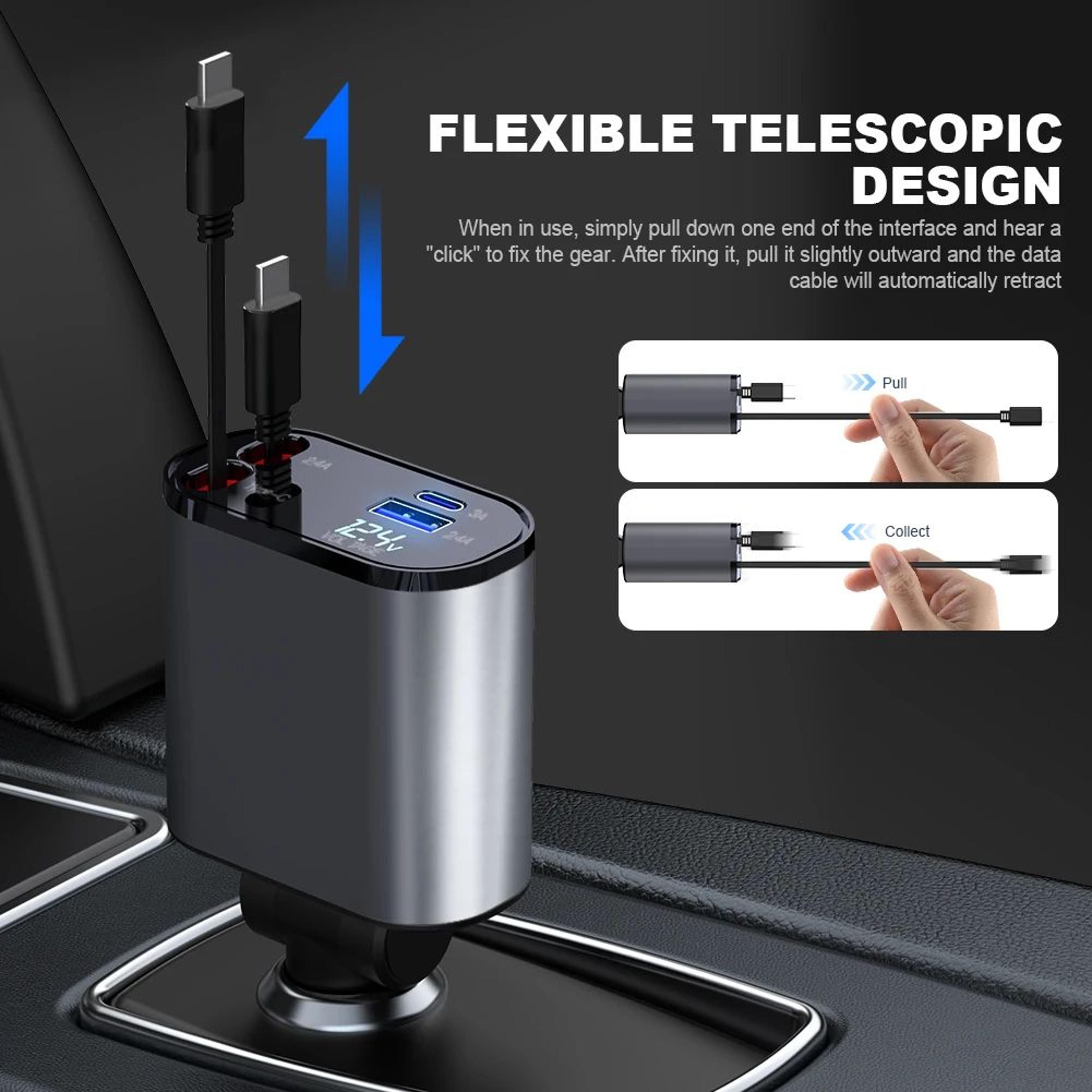 4-in-1 retractable car charger – 86w usb-c & usb fast charging adapter with 31.5 in cables & voltage display