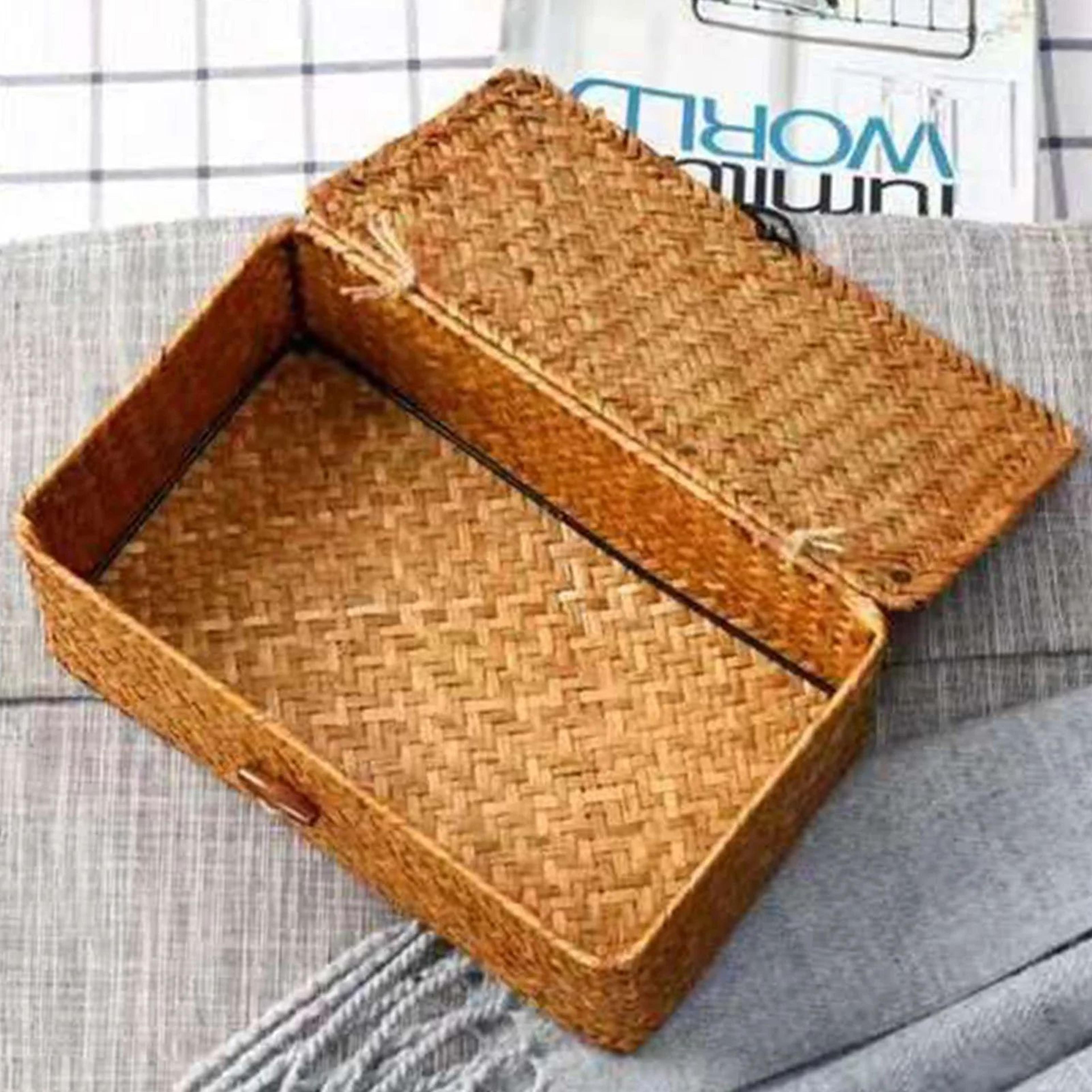 handwoven braided straw storage box – decorative lidded organizer for shelves closets desks & home decor