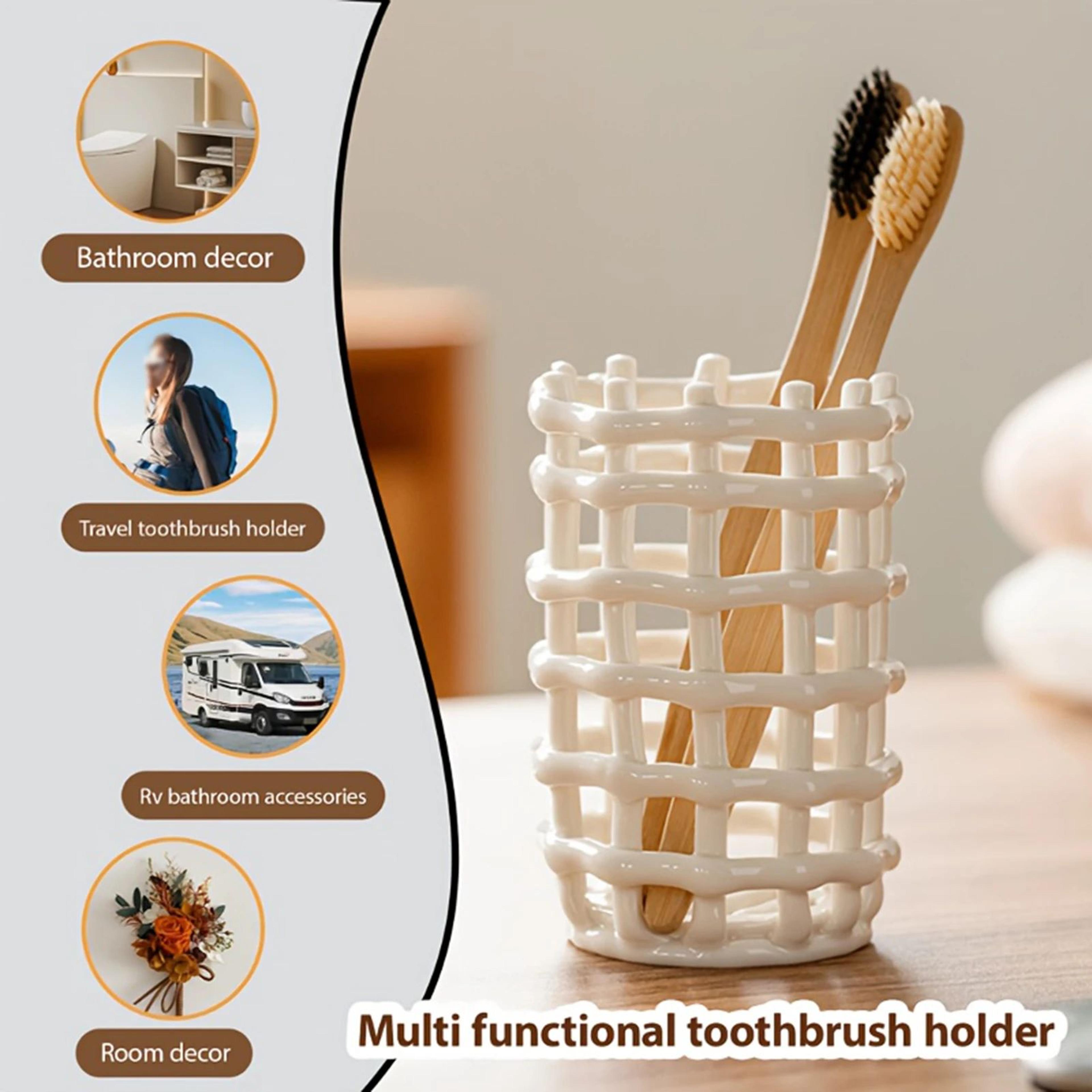 ceramic toothbrush holder – modern ventilated non-slip bathroom organizer for toothpaste, razors & brushes