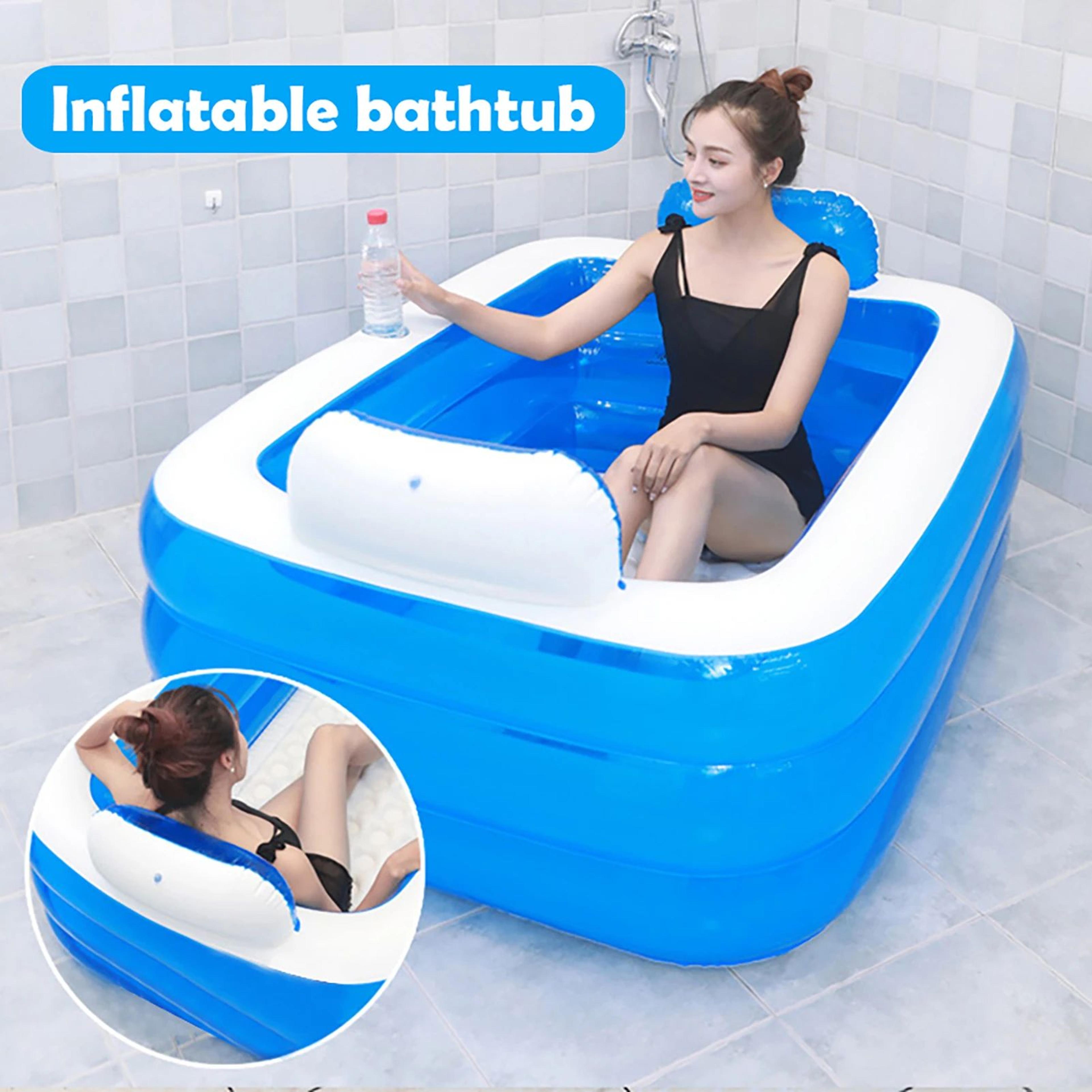 foldable double bathtub – three-layer pvc portable tub with dual pillows and cup holder for comfortable indoor bathing
