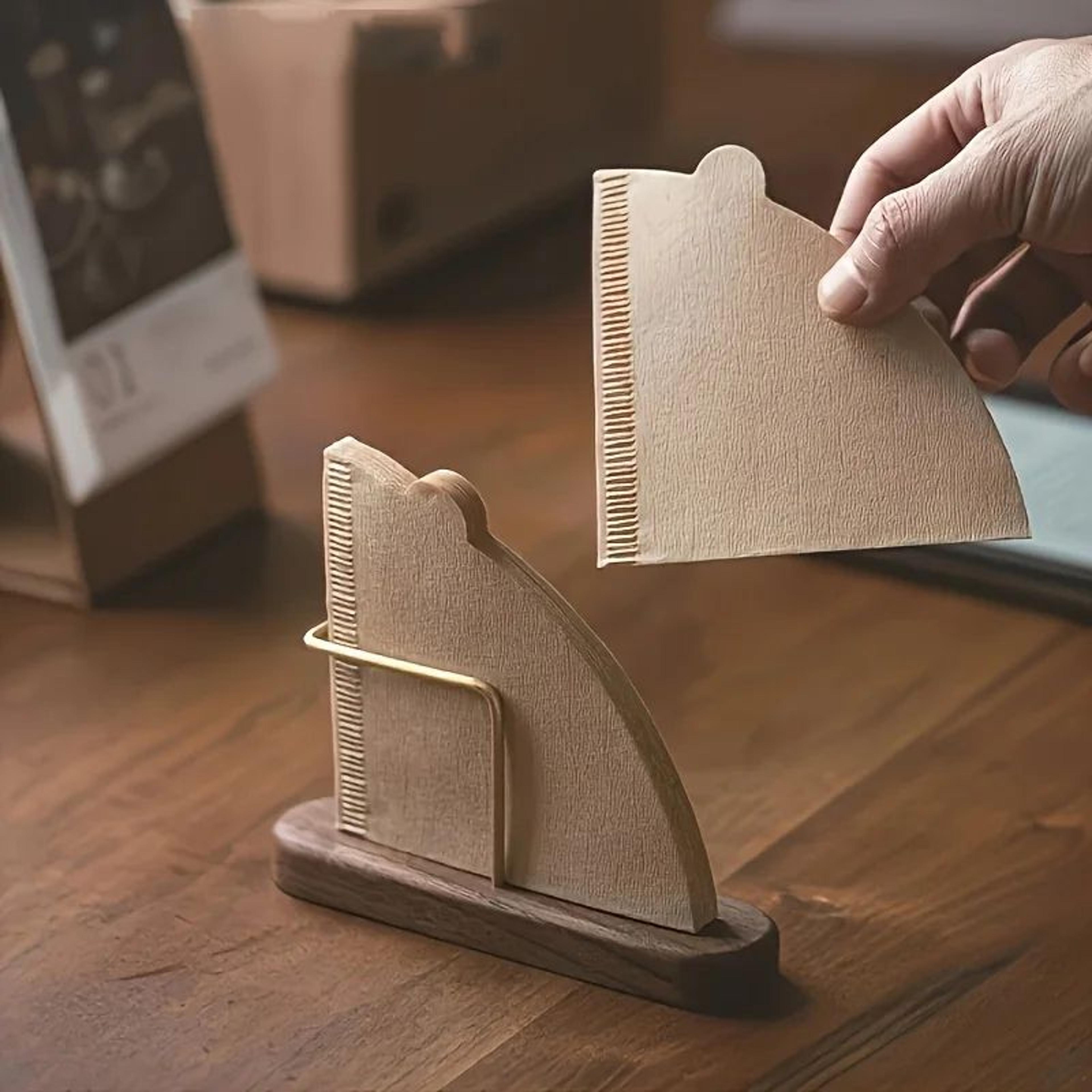coffee filter paper holder – wood and metal storage rack for orderly pour-over brewing, home coffee stations and cafes