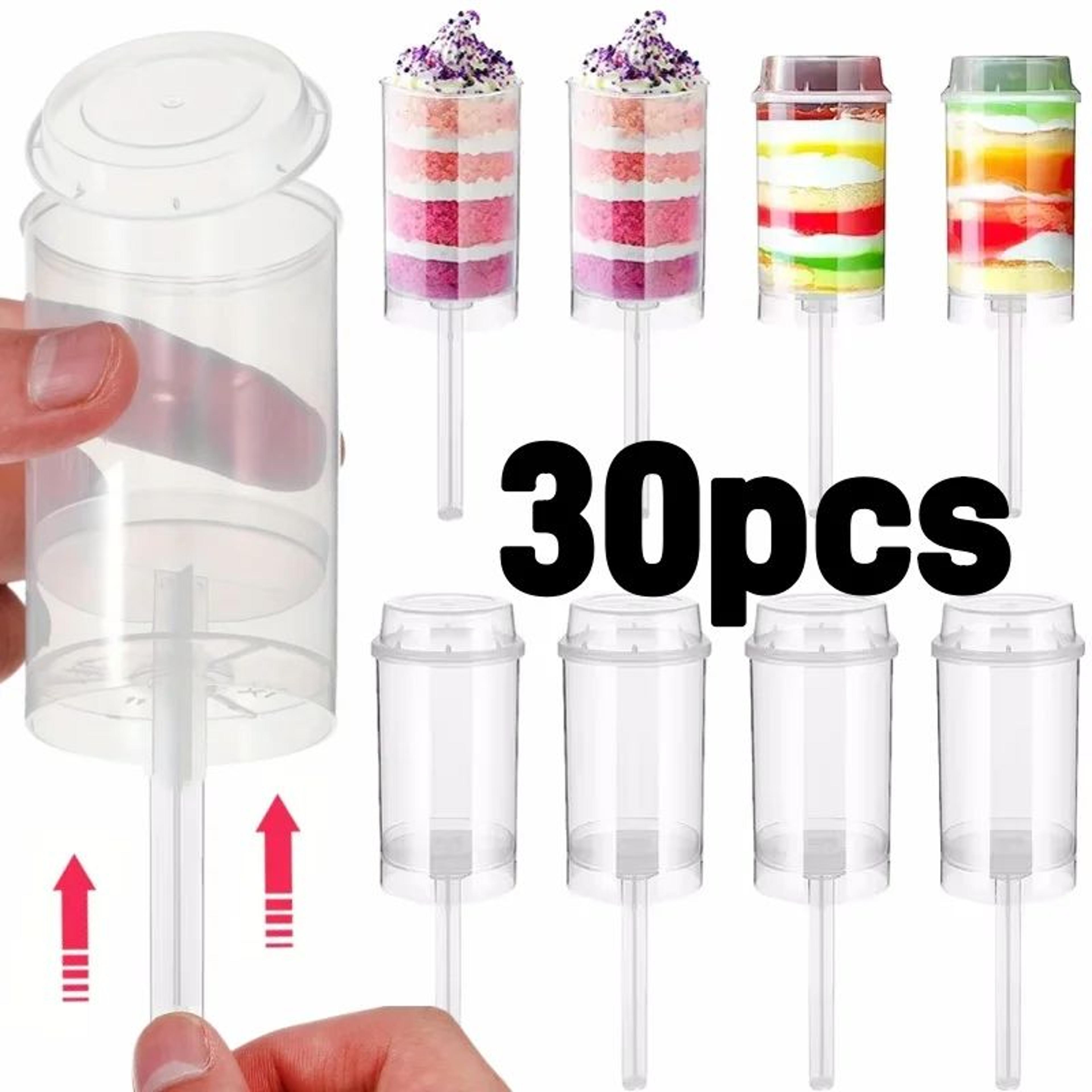 push pop cake shooters with lids – 30 clear plastic push-up dessert containers for layered cake, ice cream and parties