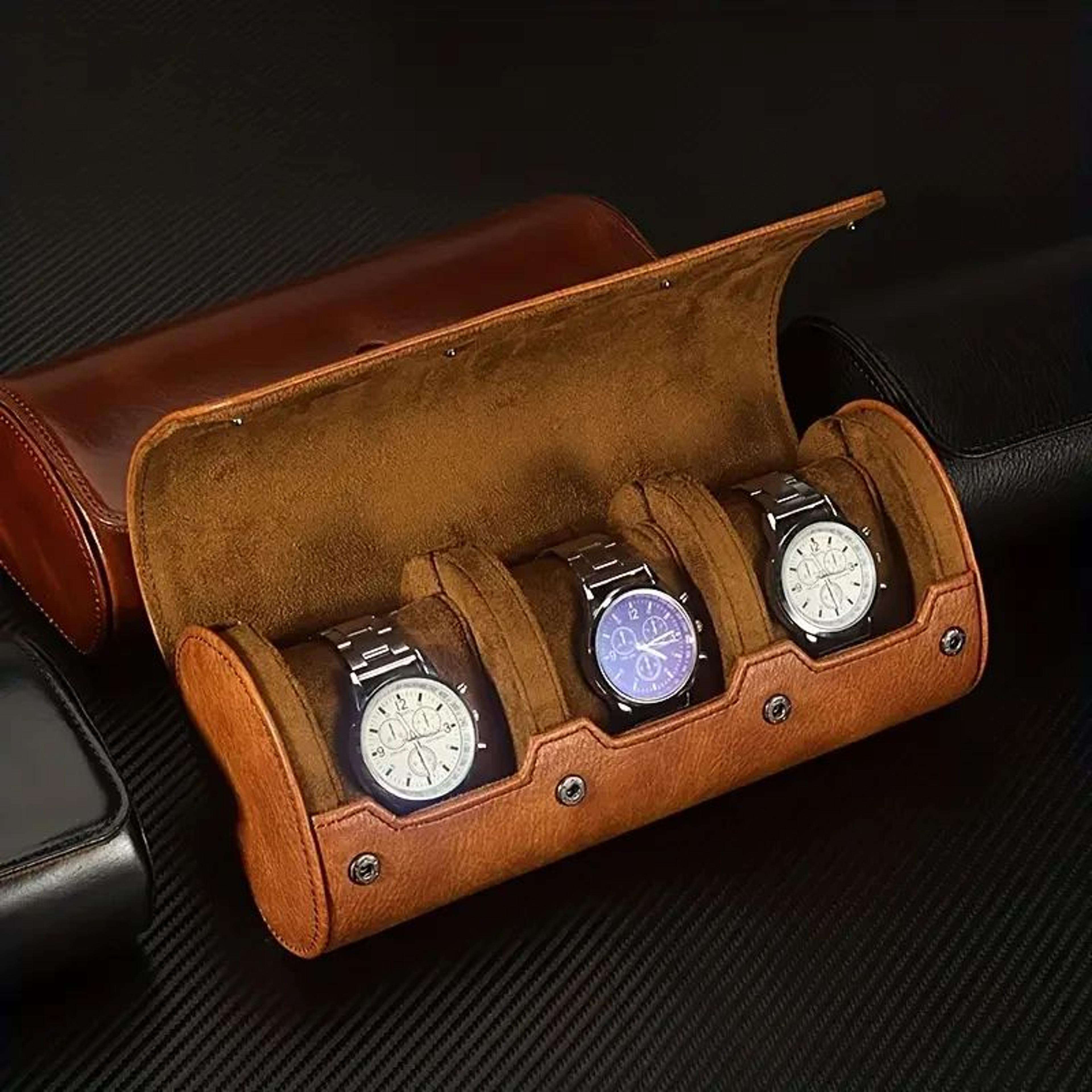 watch travel case – vintage pu leather 3-slot organizer with sliding cushions for divided storage and thoughtful gifts