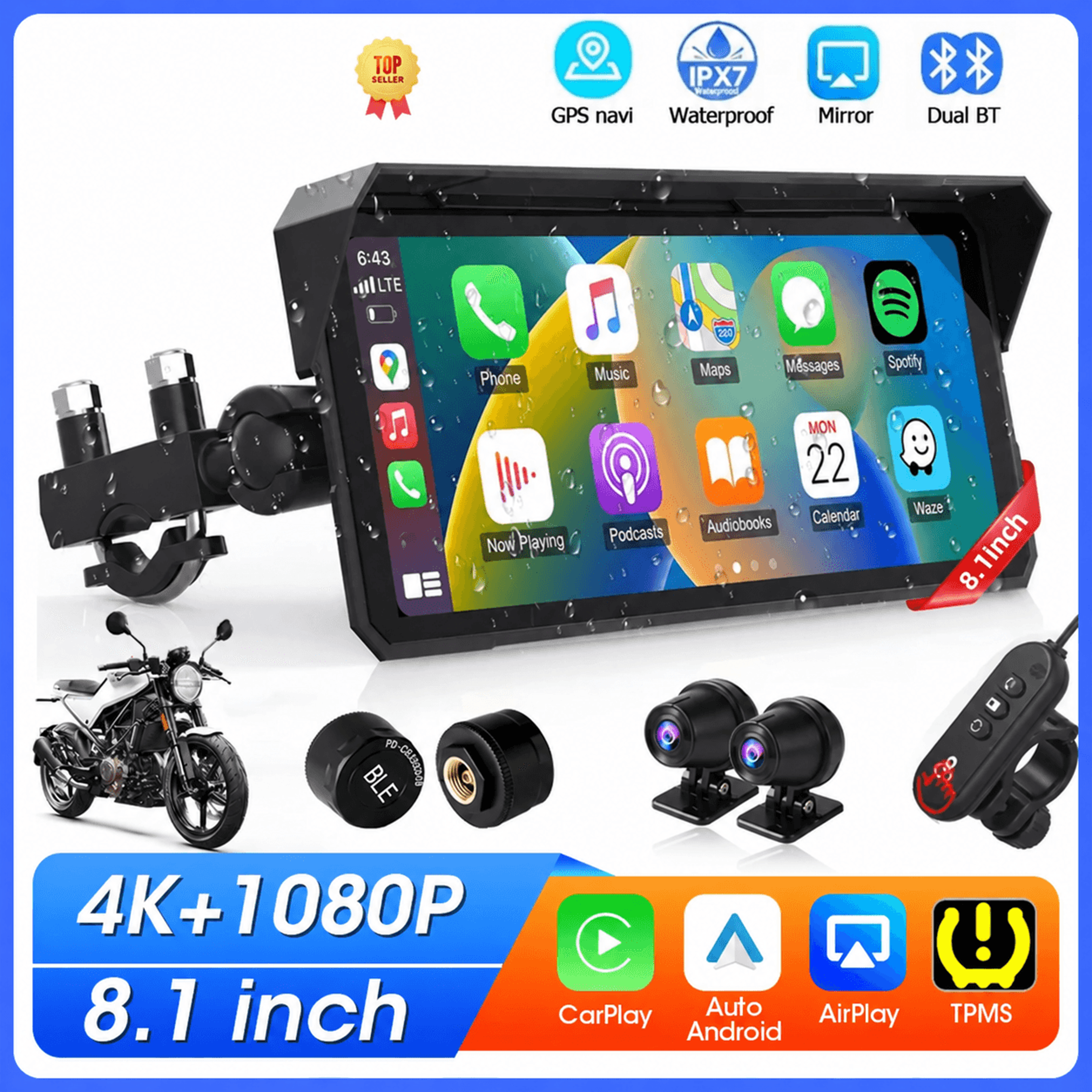 motorcycle carplay screen – 8.1 in display with 4k dash cam & wireless android auto, bluetooth and ipx7 for navigation