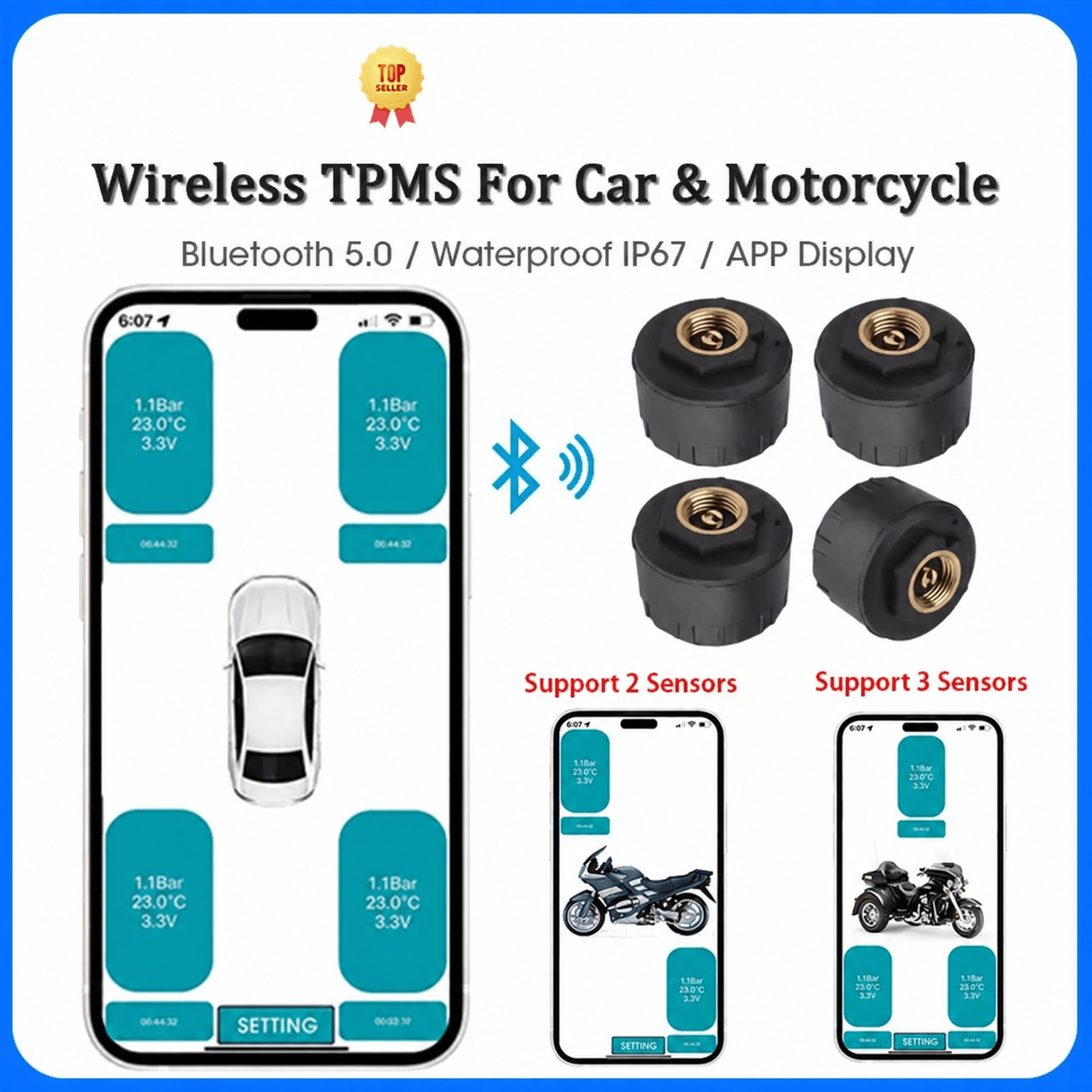 bluetooth tire pressure monitor – app-based tpms with 2/3/4 sensor options and pressure alarm for cars and motorcycles