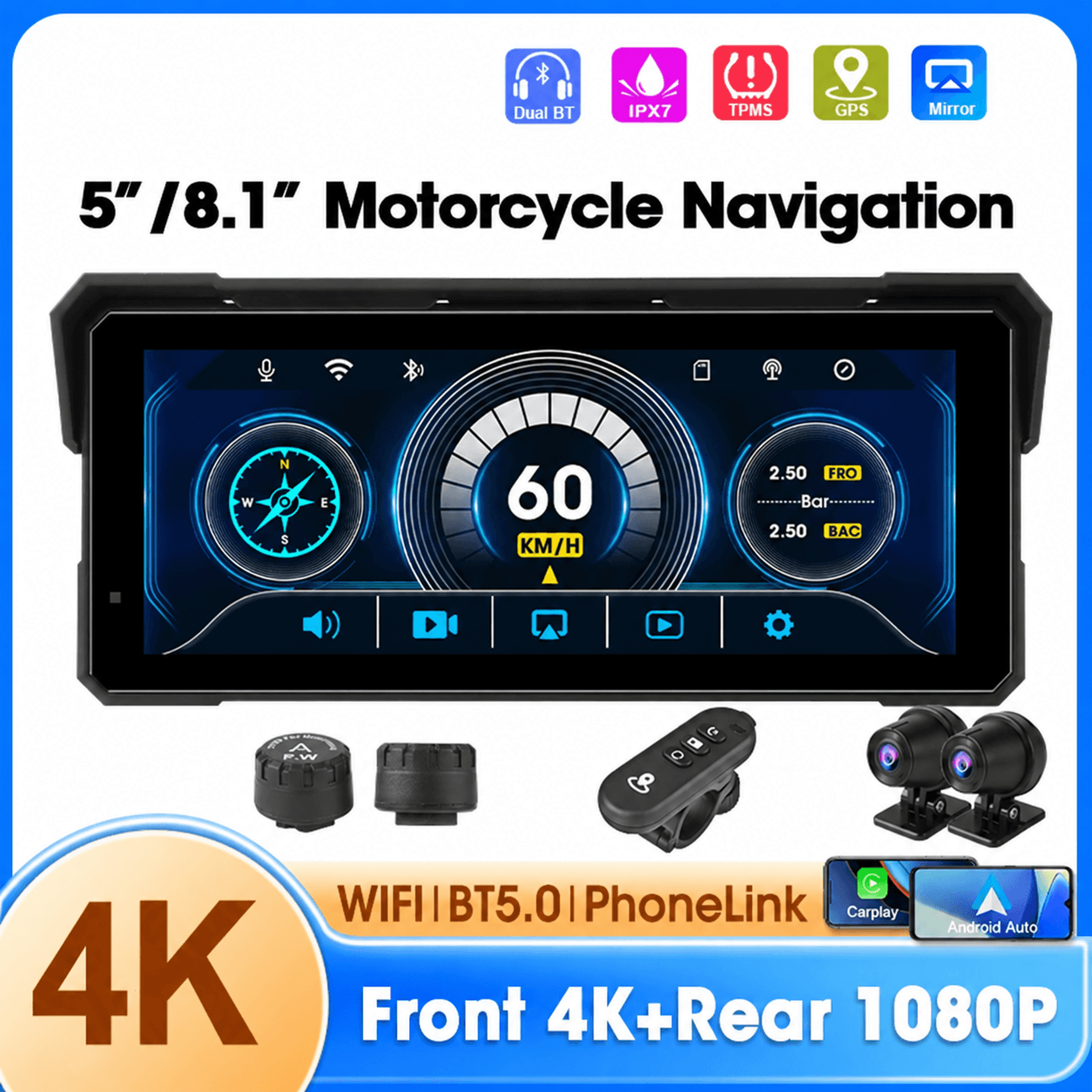 motorcycle carplay display – 5/8.1 in wireless android auto navigation monitor with ipx7 & available 4k/1080p dual dvr