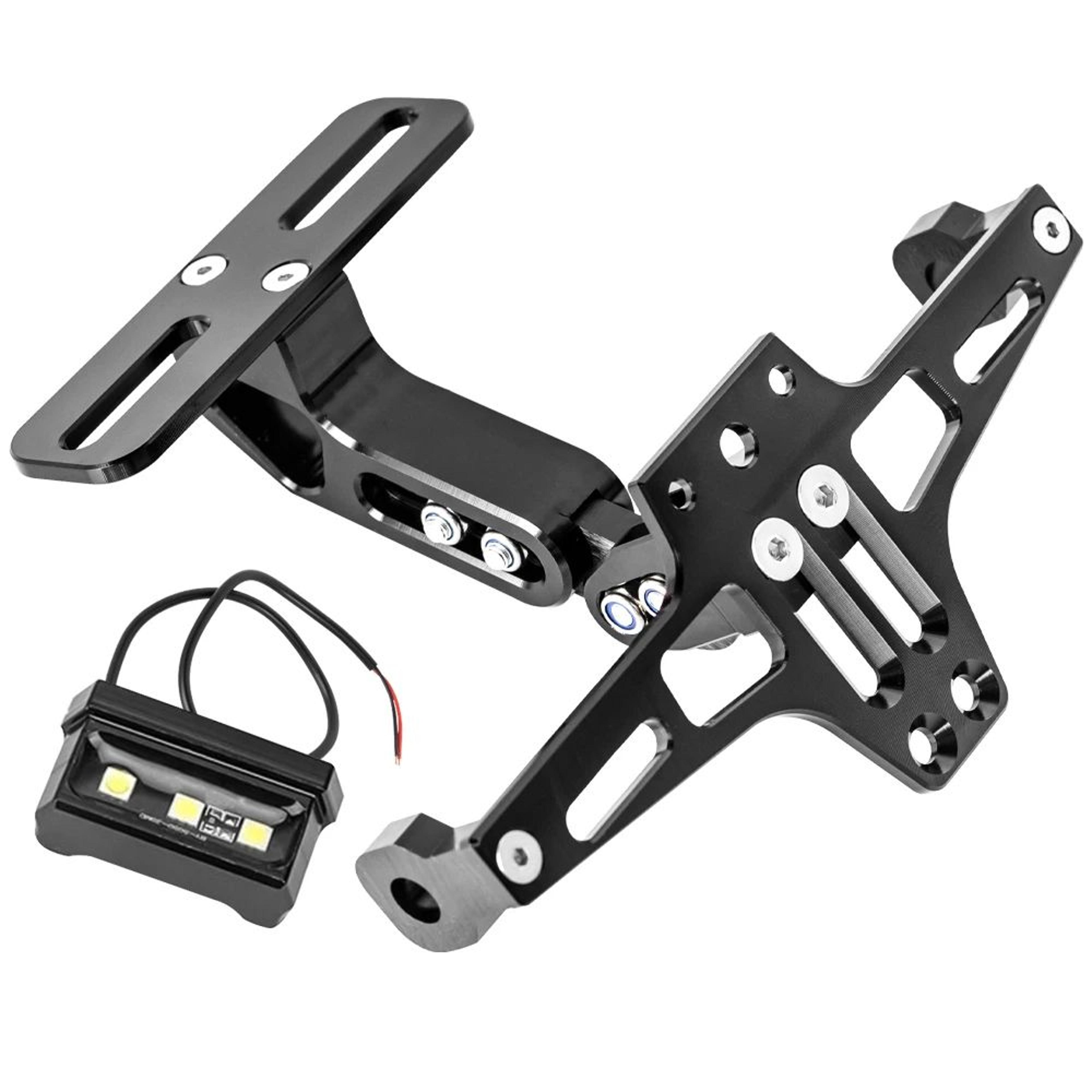 motorcycle license plate holder – cnc aluminum bracket with white led plate light & matte anodized finish for upgrades