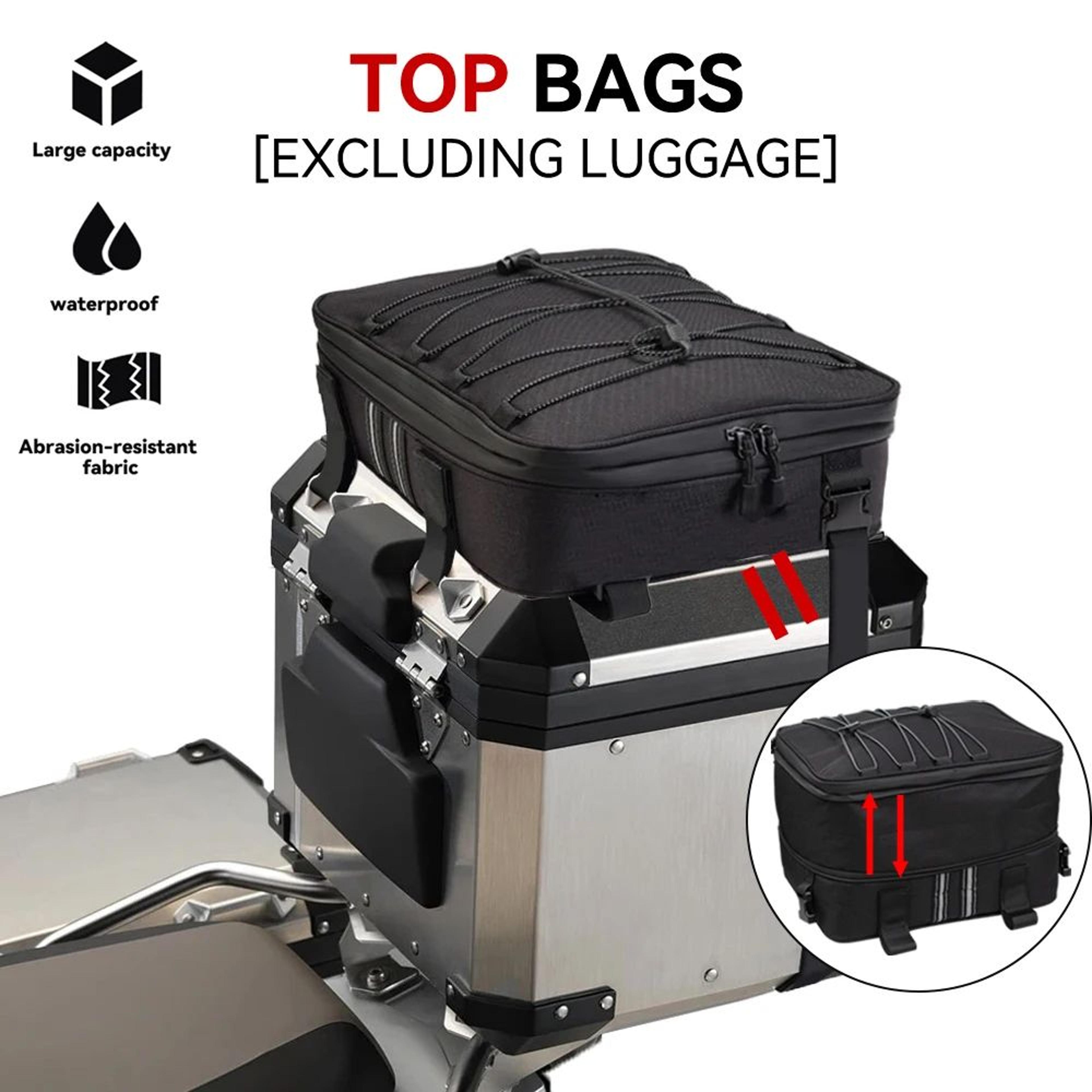 motorcycle top box bag – expandable luggage with rain cover, shoulder strap & shock cords for road adventures