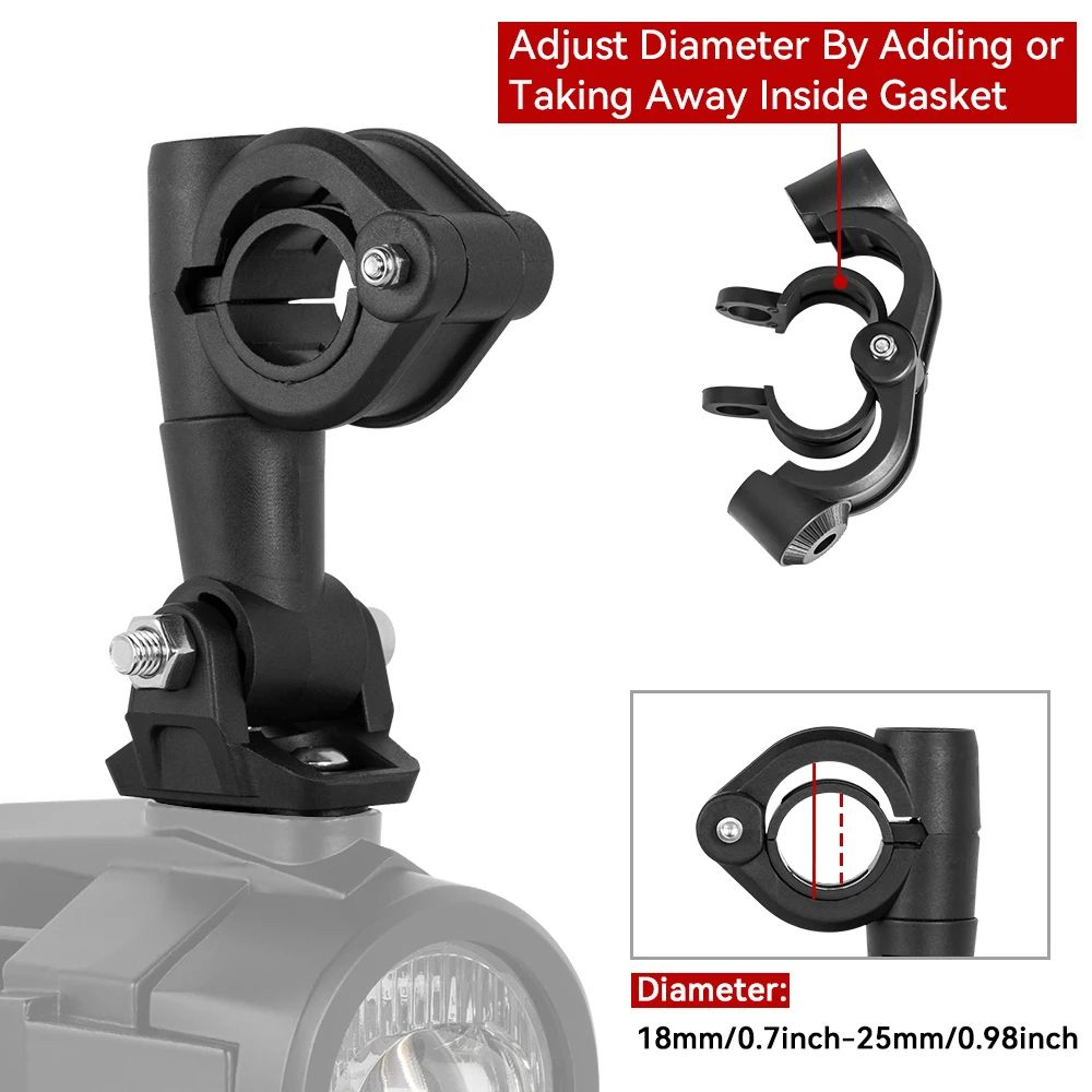 motorbike fog light brackets – 0.71–0.98 in tube mount pair with dual slot design for flexible auxiliary lamp placement