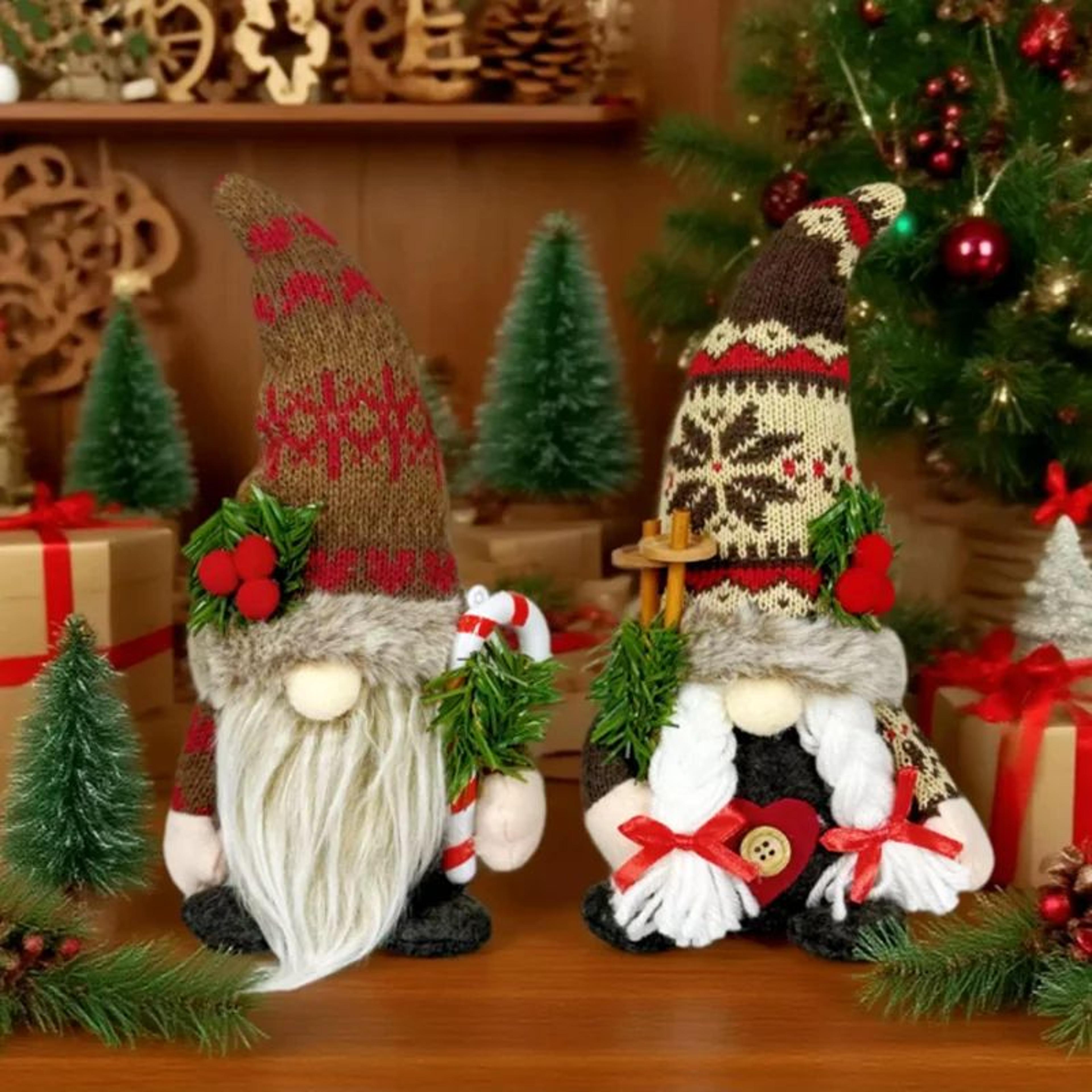 christmas plush doll decoration – knitted hat & pine branch detail with rudolph & faceless gnome styles for home decor