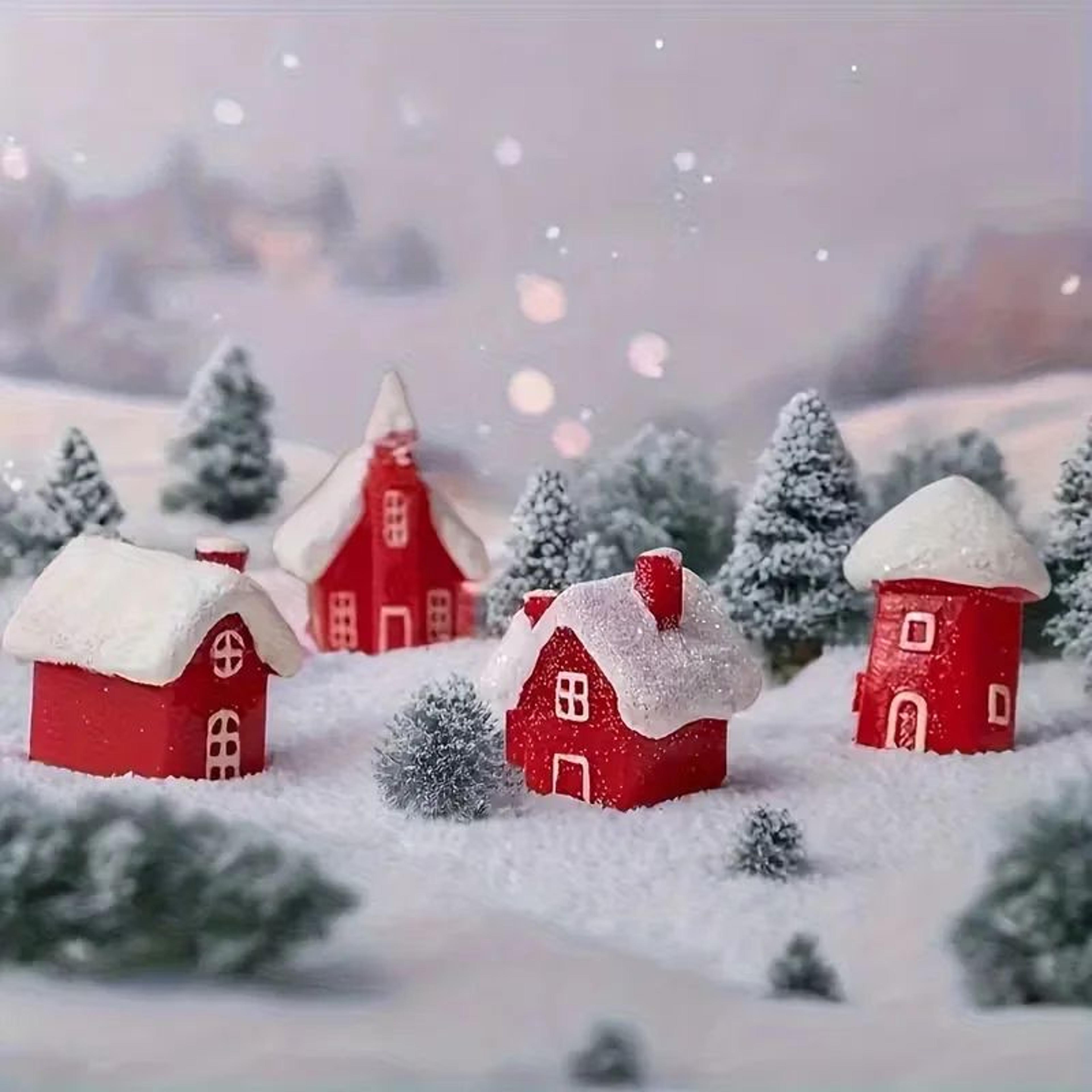 christmas miniature home set – 4pcs red resin snowy village ornaments for festive home displays & new year party decor