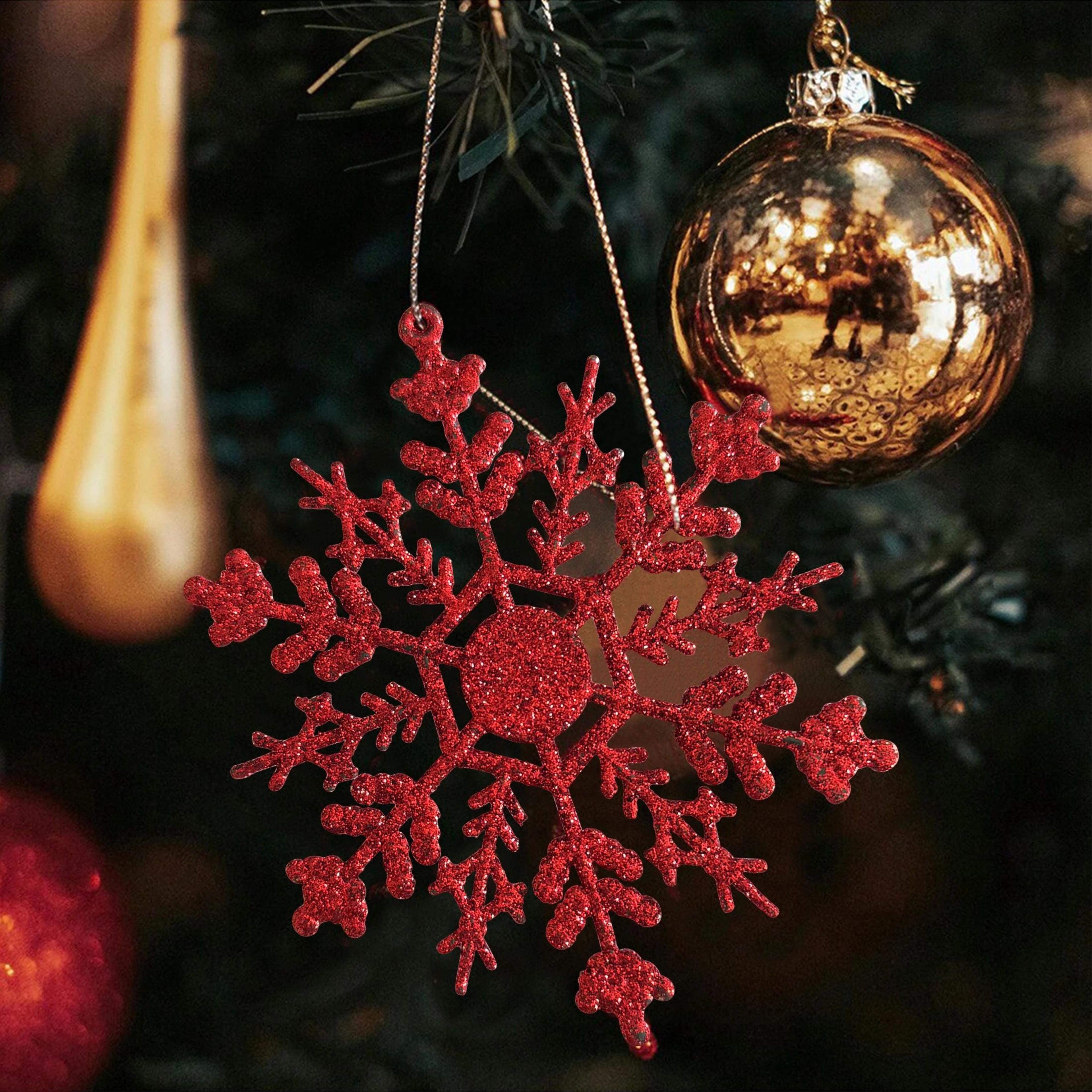 christmas snowflake ornaments – 9pcs gold or red shining hanging decorations for festive trees, diy crafts & gift wrap