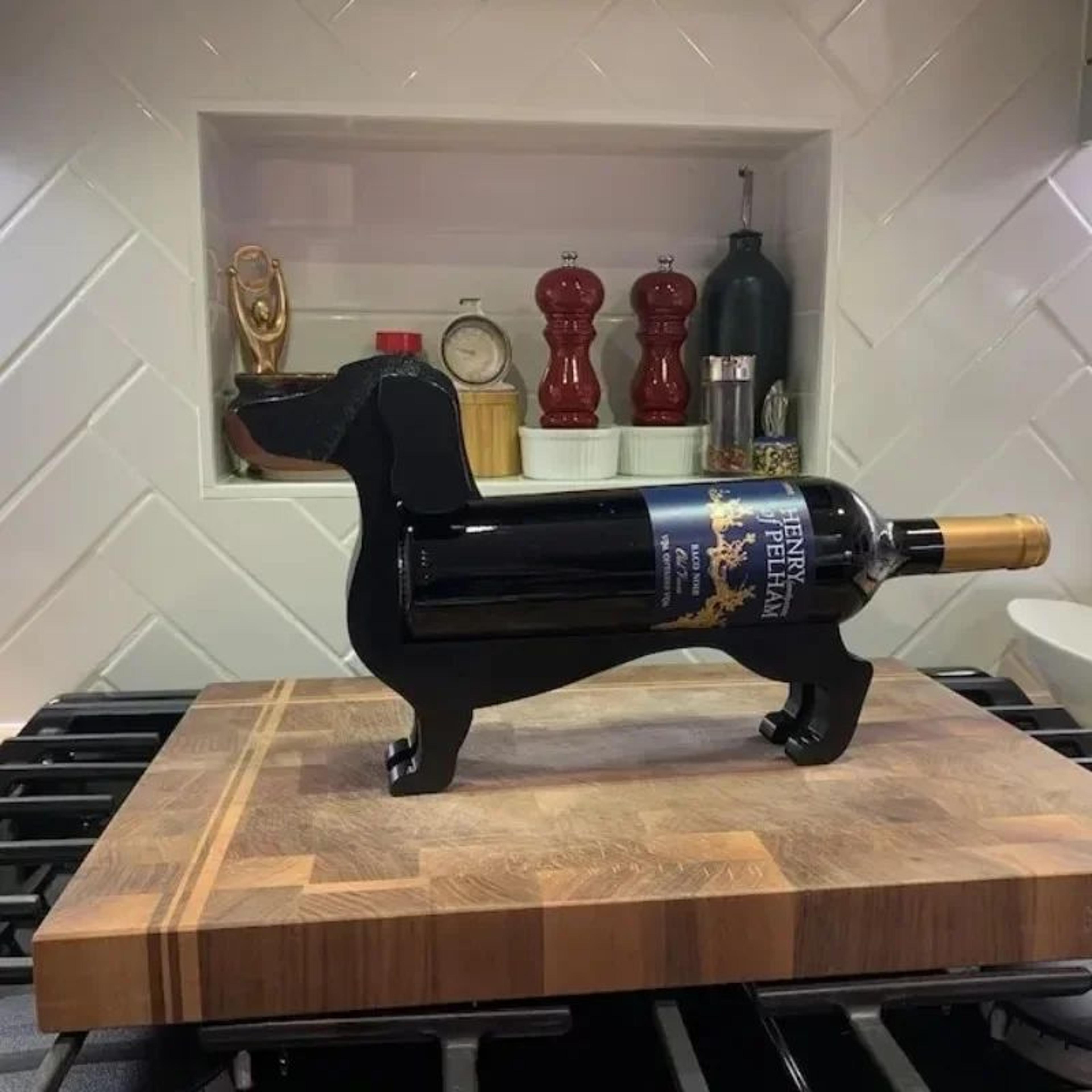 sausage dog wine bottle holder – black abs decorative rack for fun home bar styling, modern displays & dog lover gifts
