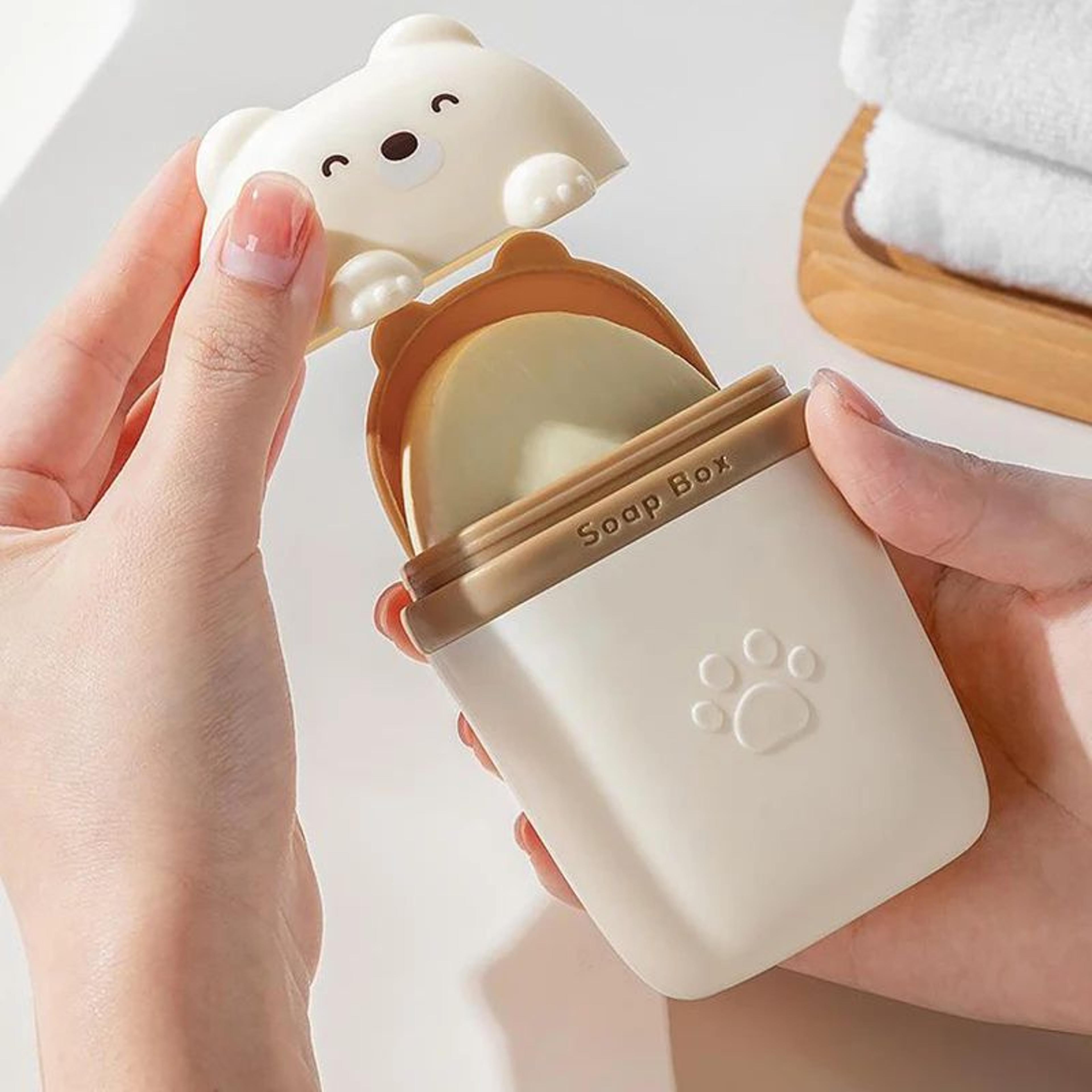 bear travel soap box – portable pp soap dish with leakproof seal & drain tray for organized bathroom, camping & travel