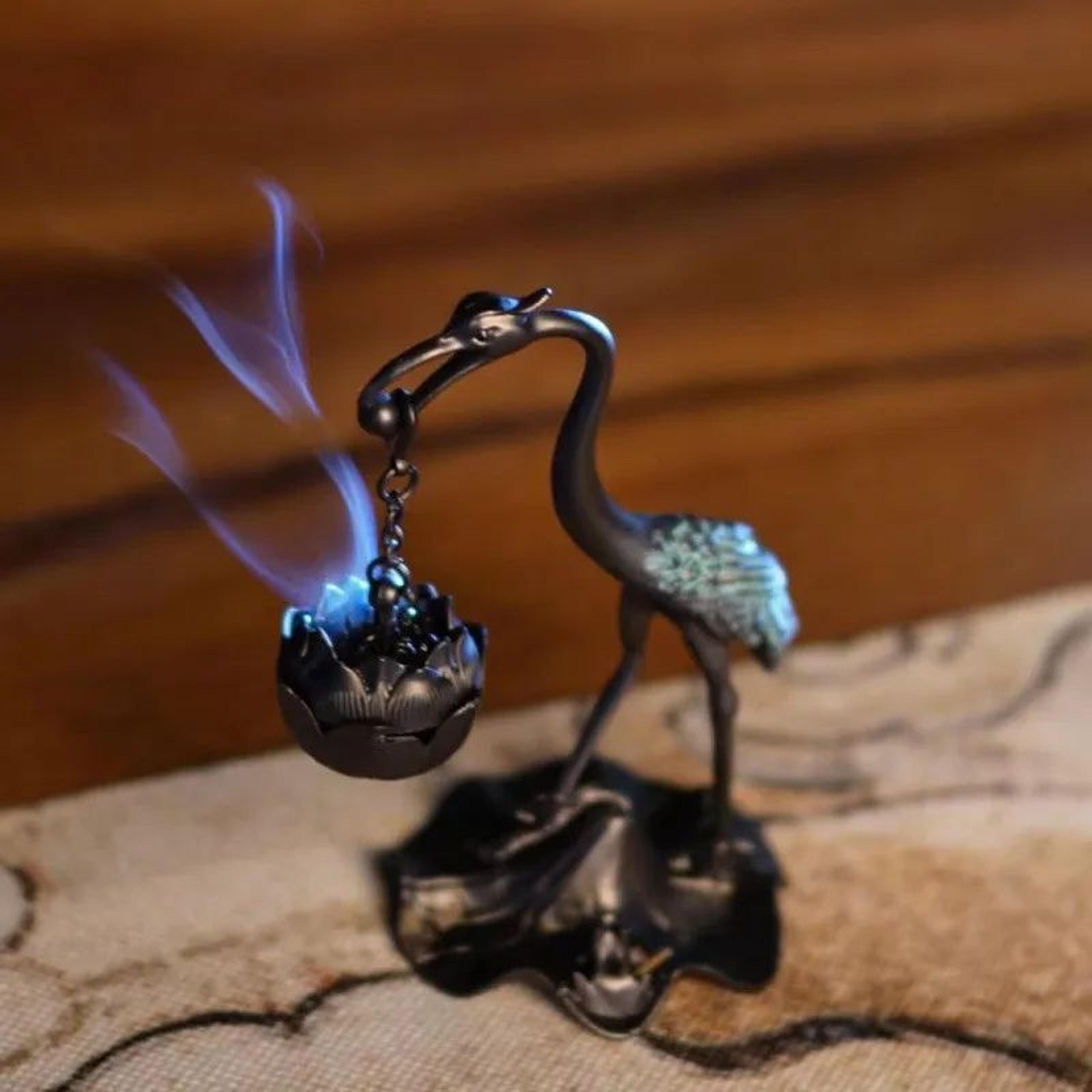 crane lotus incense burner – antique-style alloy hanging holder for coils & cones, tea ceremony decor & peaceful rooms