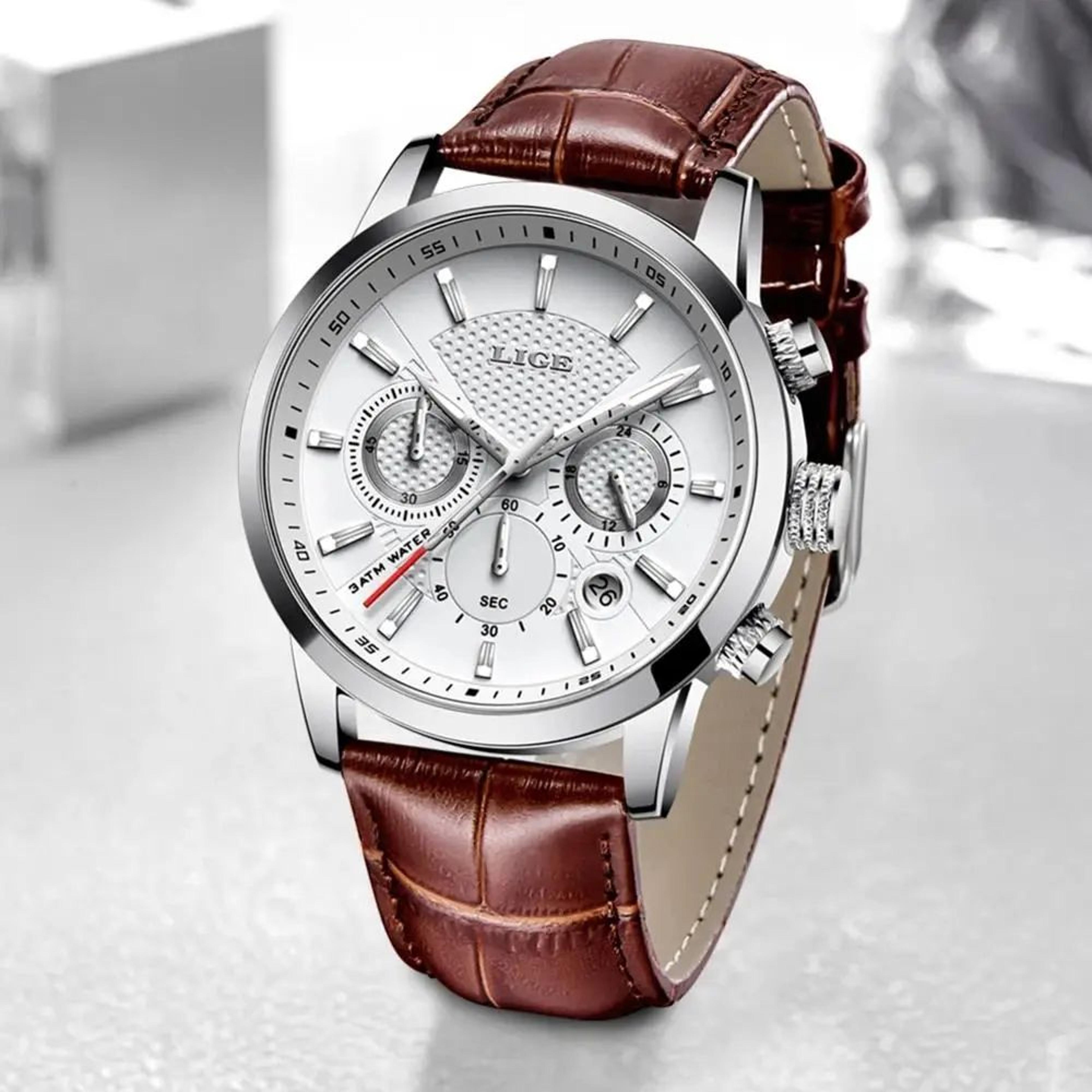 men's quartz chronograph watch – leather strap, steel case & date display with luminous hands for work and casual wear