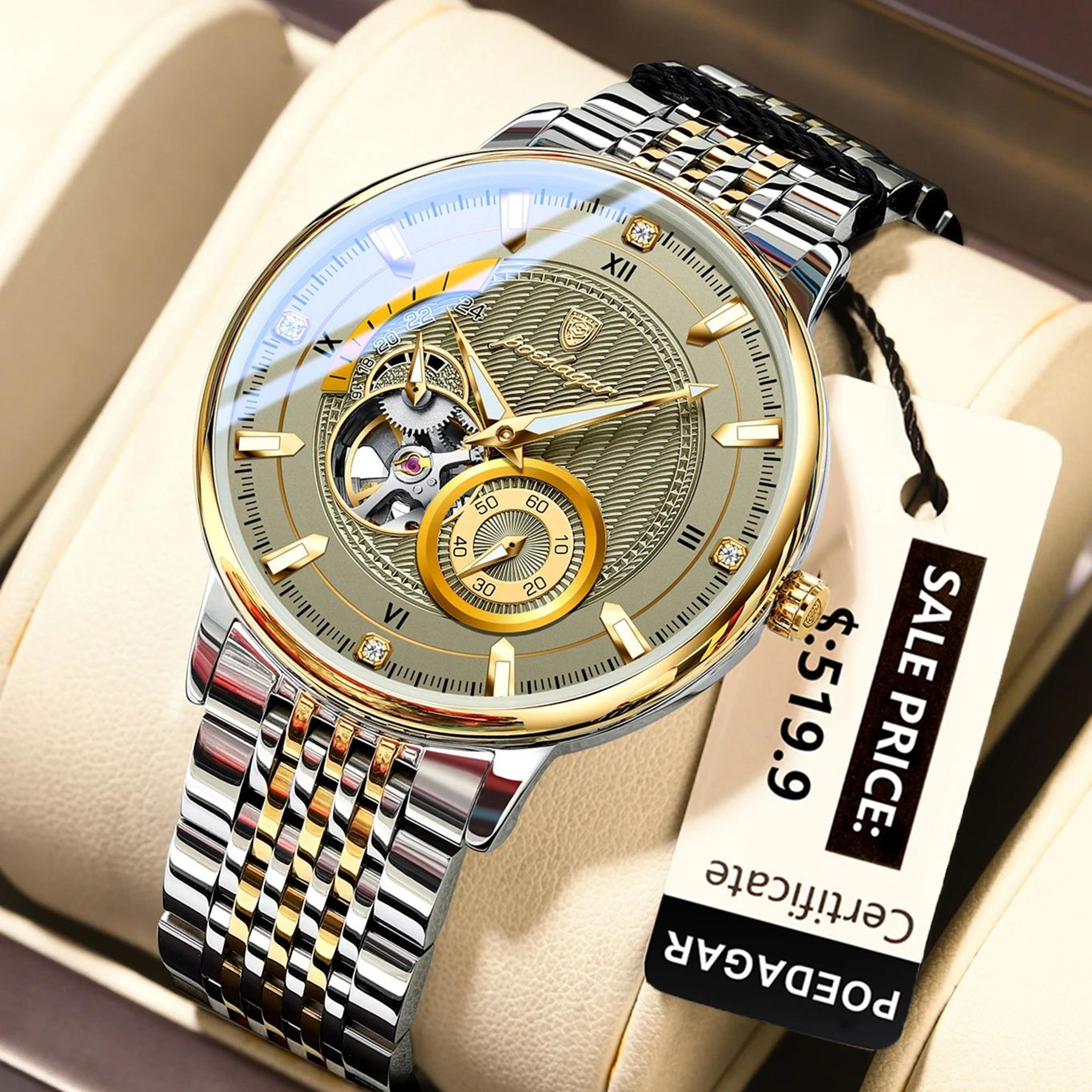 men's automatic mechanical watch – openwork dial, luminous details & stainless steel styling with gift box & band tool