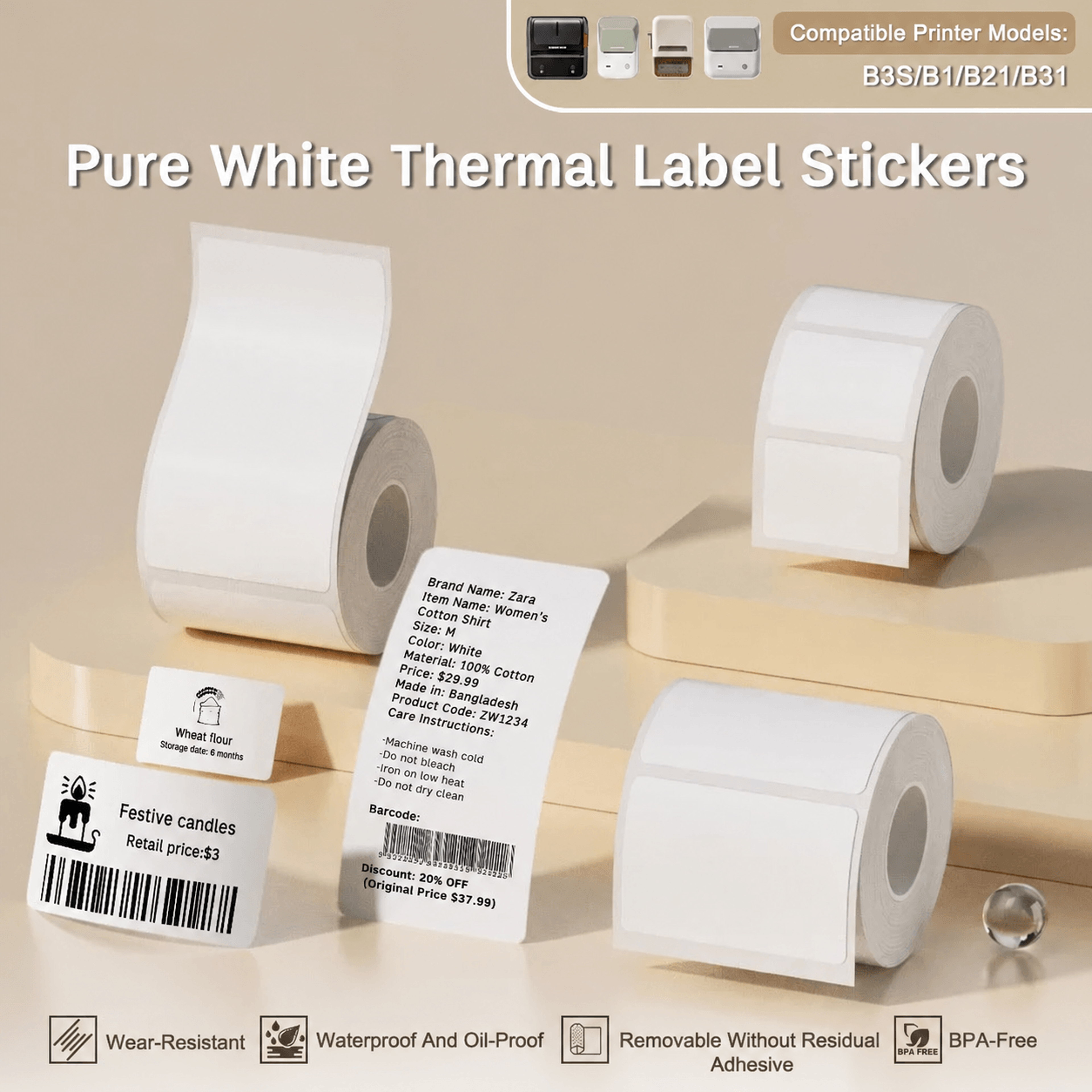 white thermal labels – printable sticker paper refills for b21, b1 & b3s label printers for home office & business use