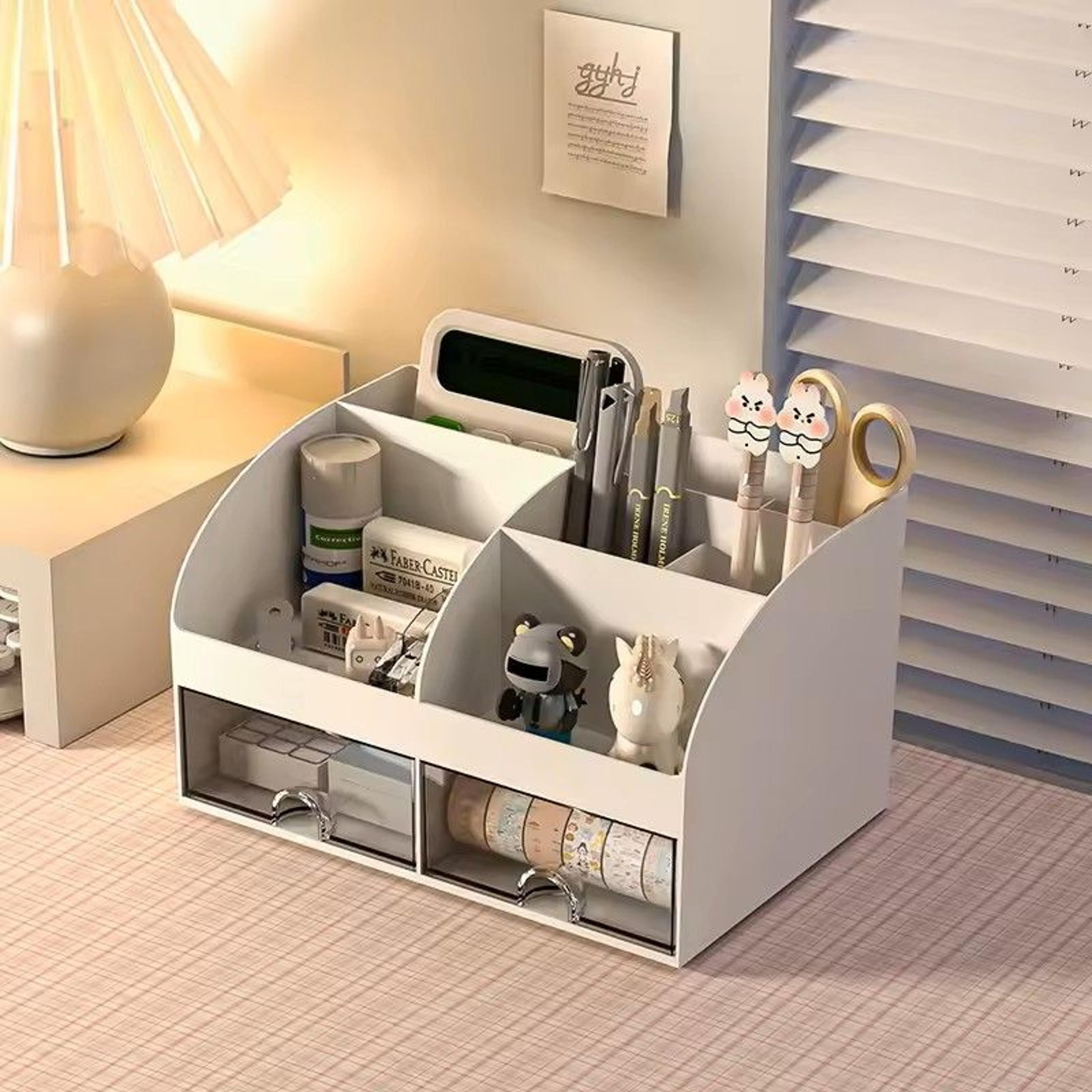 desktop storage box organizer with 6 compartments and 2 drawers – desk stationery and makeup storage case
