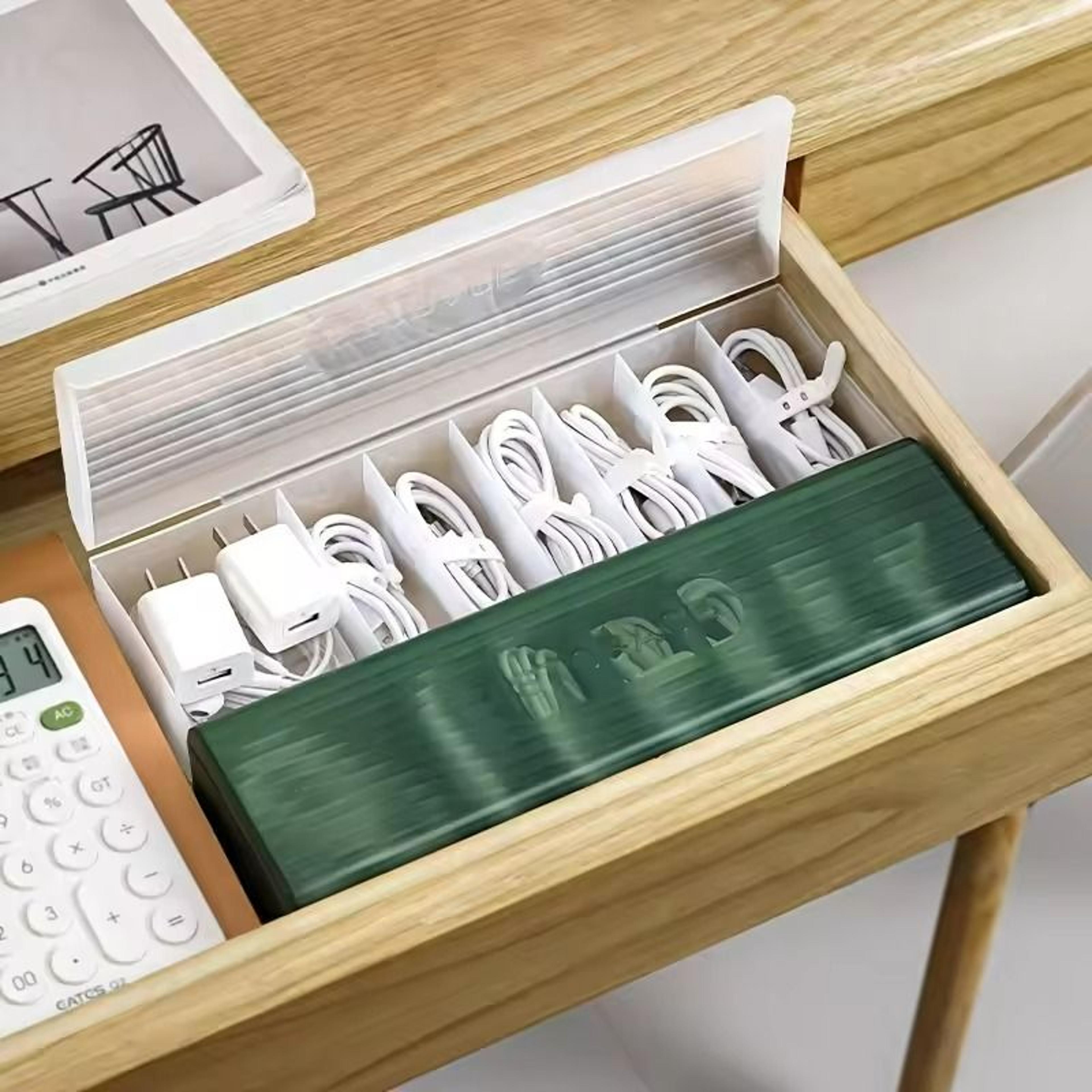 data cable storage box – charger & cable organizer with bobbin winder for desktop management