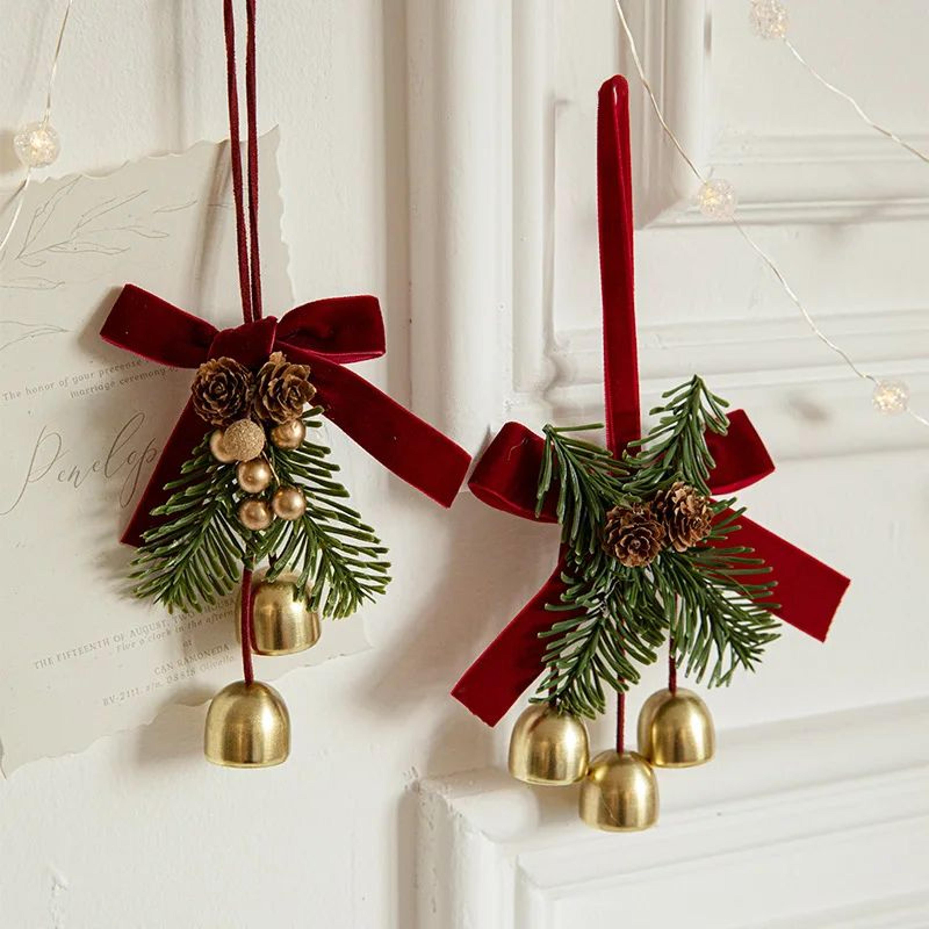 christmas hanging decor set – velvet bows, jingle bells & pinecone ornaments for trees, fireplaces & holiday scenes