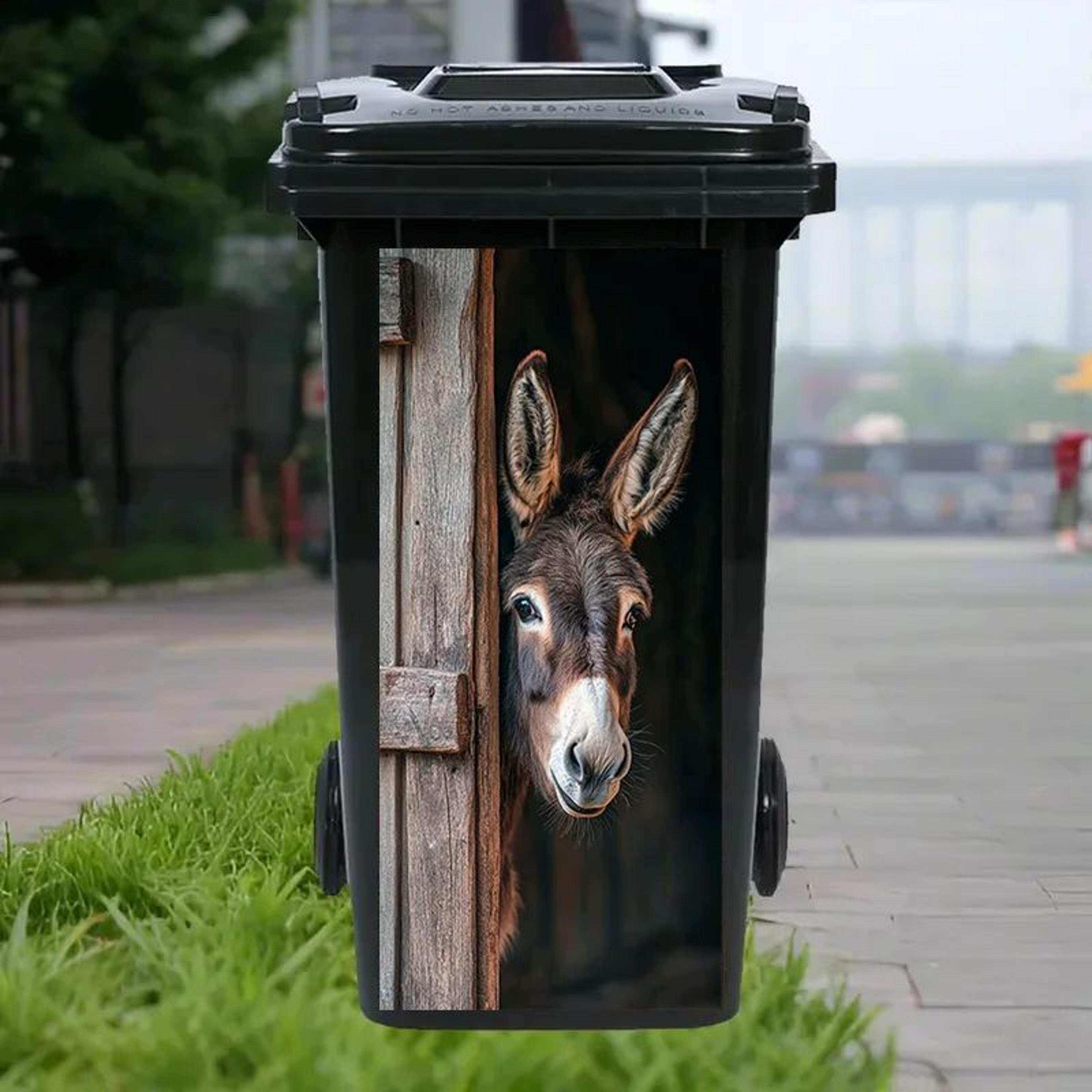 donkey painting trash can sticker – self-adhesive removable pvc farm animal decal with wooden texture & curious eyes