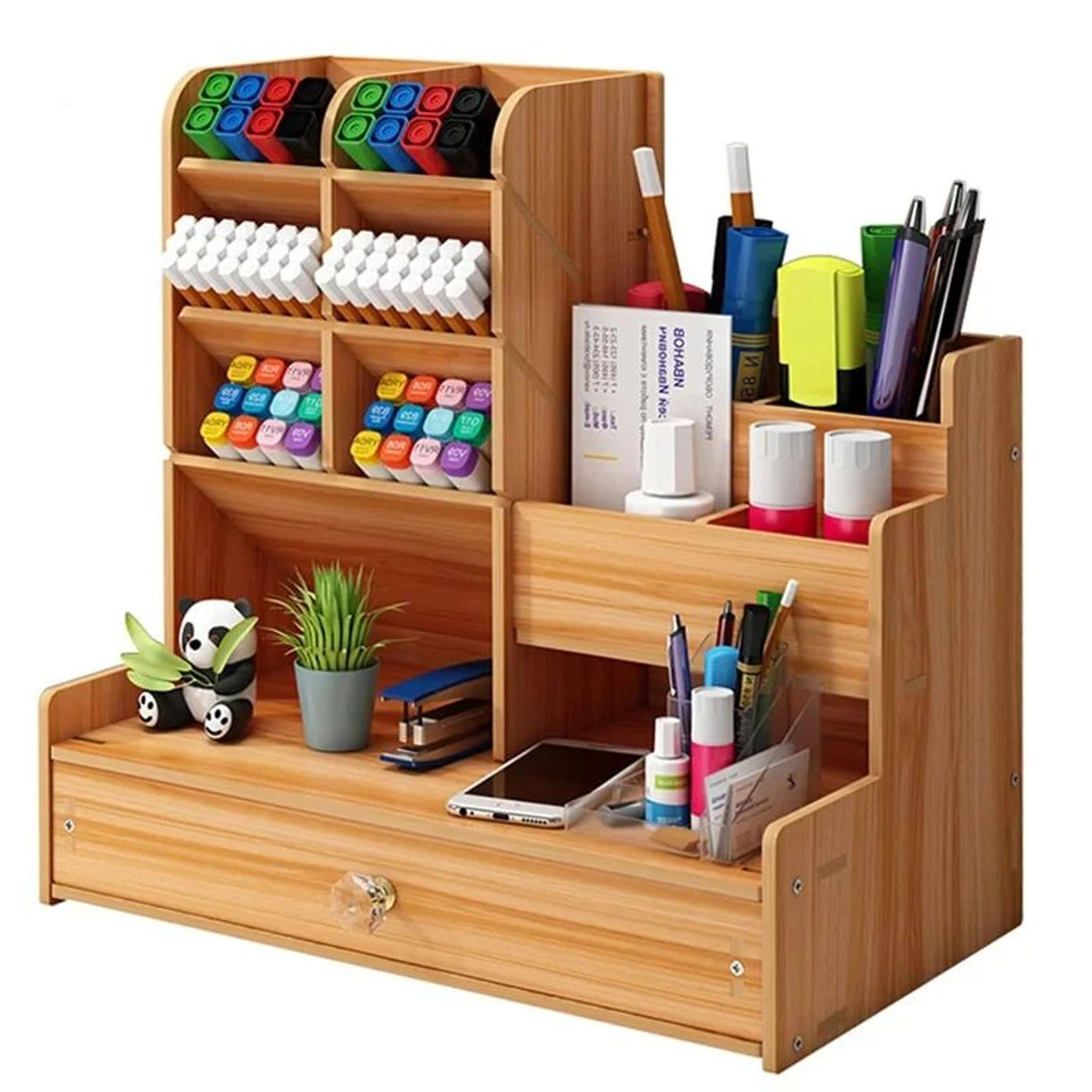 wooden desktop organizer with drawer